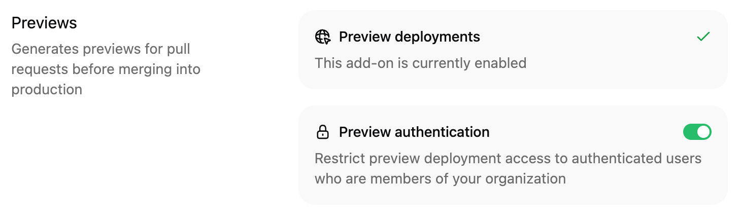 The preview authentication toggle in the Add-ons page