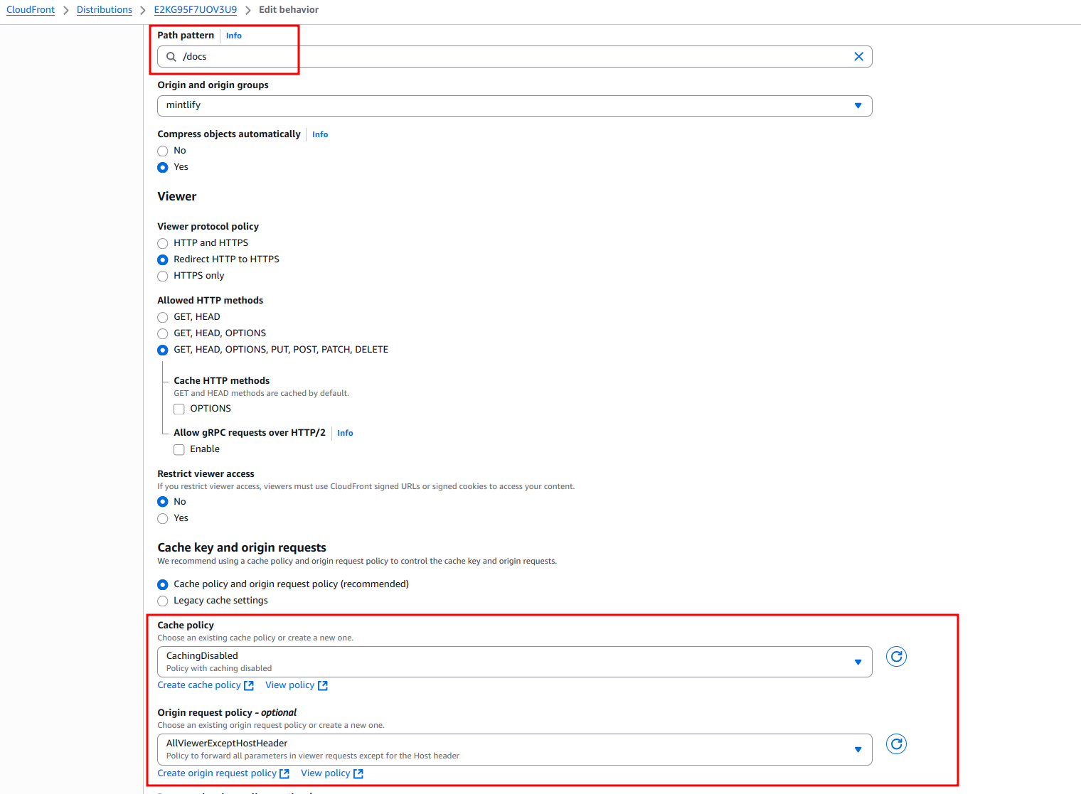 CloudFront "Create behavior" page with a "Path pattern" of "/docs/*" and "Origin and origin groups" pointing to the acme.mintlify.site URL.