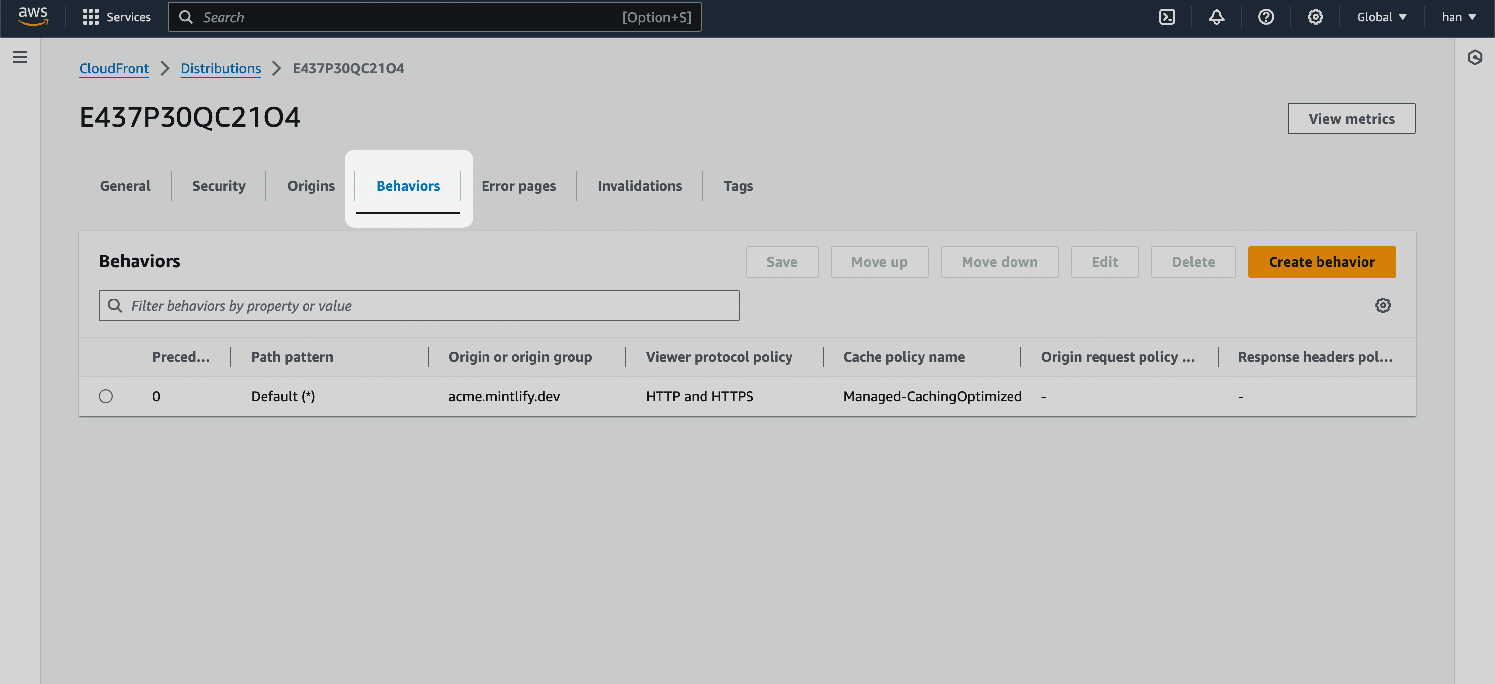 CloudFront "Behaviors" tab highlighted.
