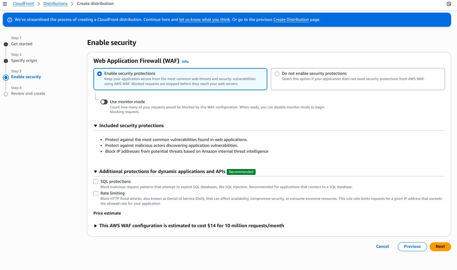 Web Application Firewall (WAF) options with "Enable security protections" selected.