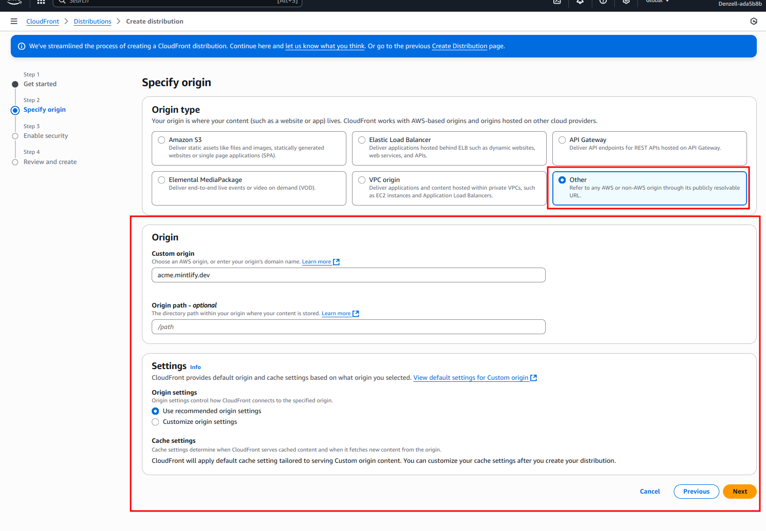 CloudFront "Create distribution" page showing "acme.mintlify.site" as the origin domain.