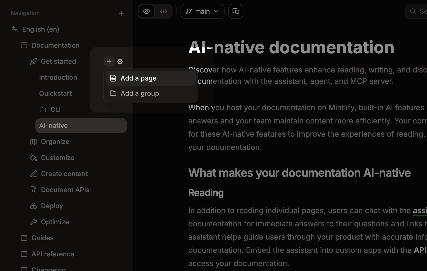 The add page menu opened beside a group in the editor.