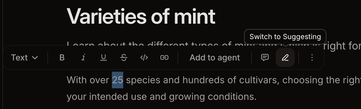 The switch to suggesting button in the floating toolbar above selected text in the editor.