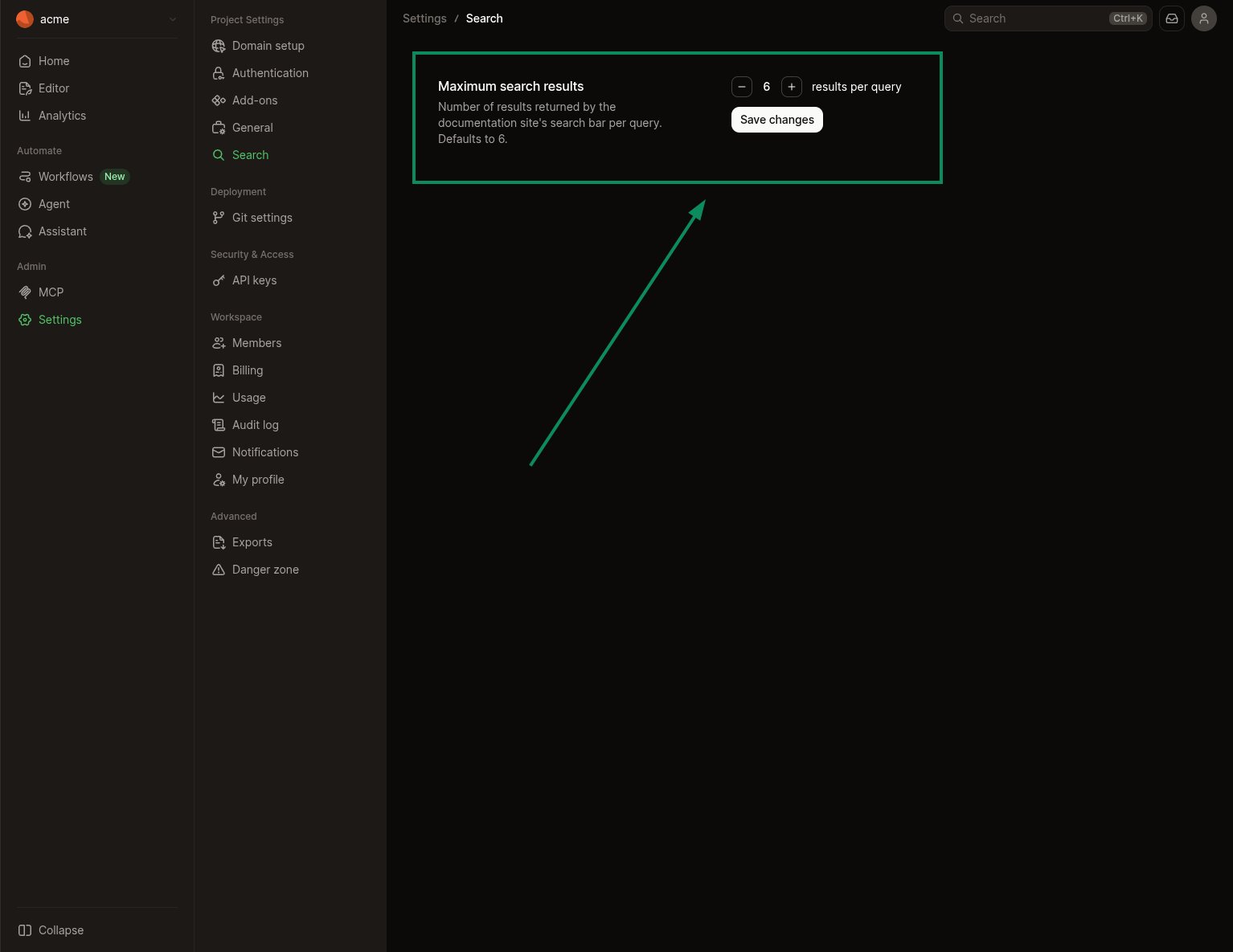 The Search settings page in the dashboard with the Maximum search results stepper set to 6.