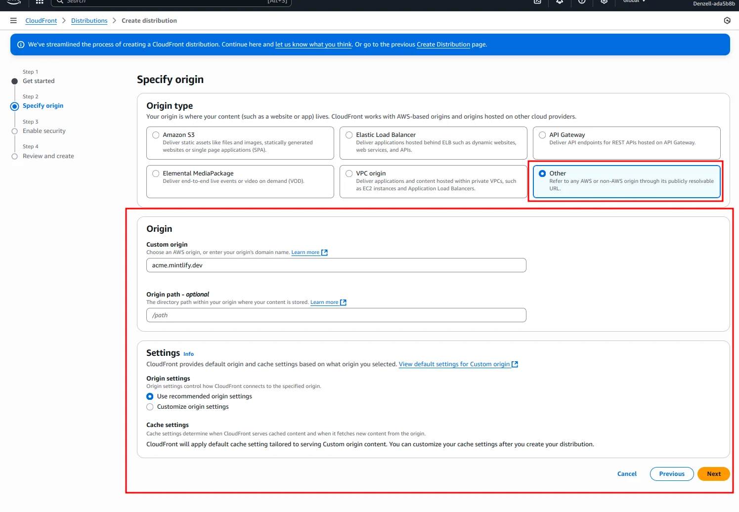 CloudFront "Create distribution" page showing "acme.mintlify.dev" as the origin domain.