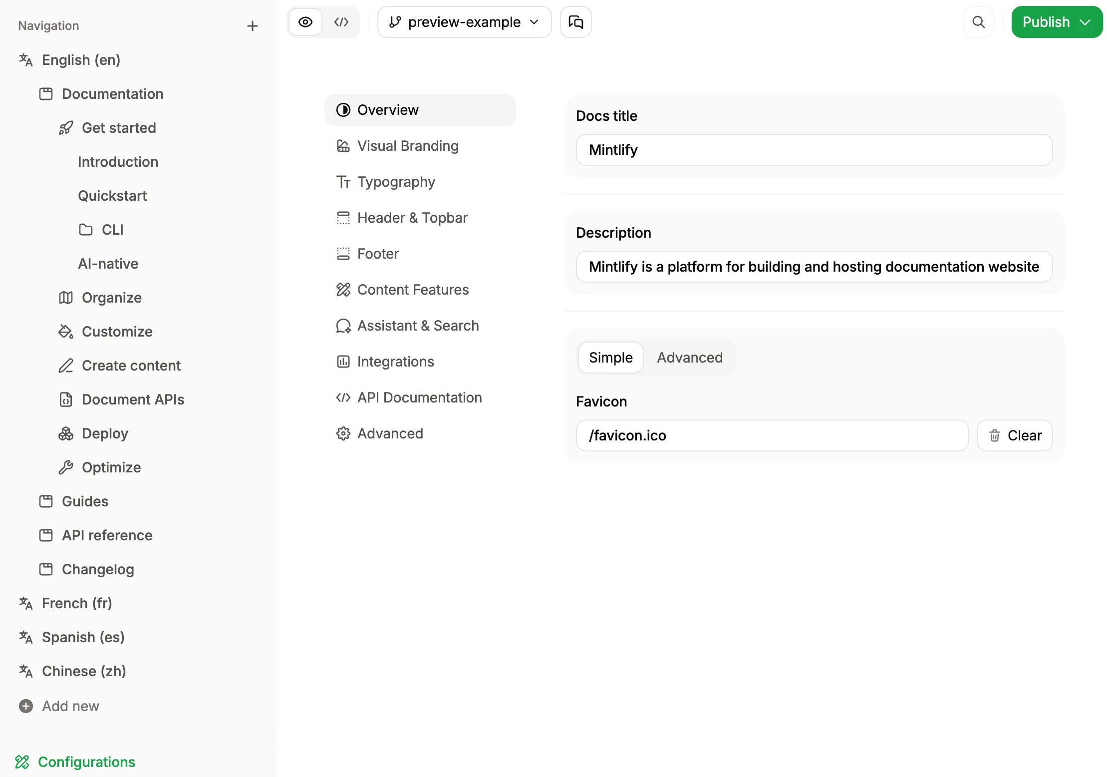 Configurations menu in the editor.