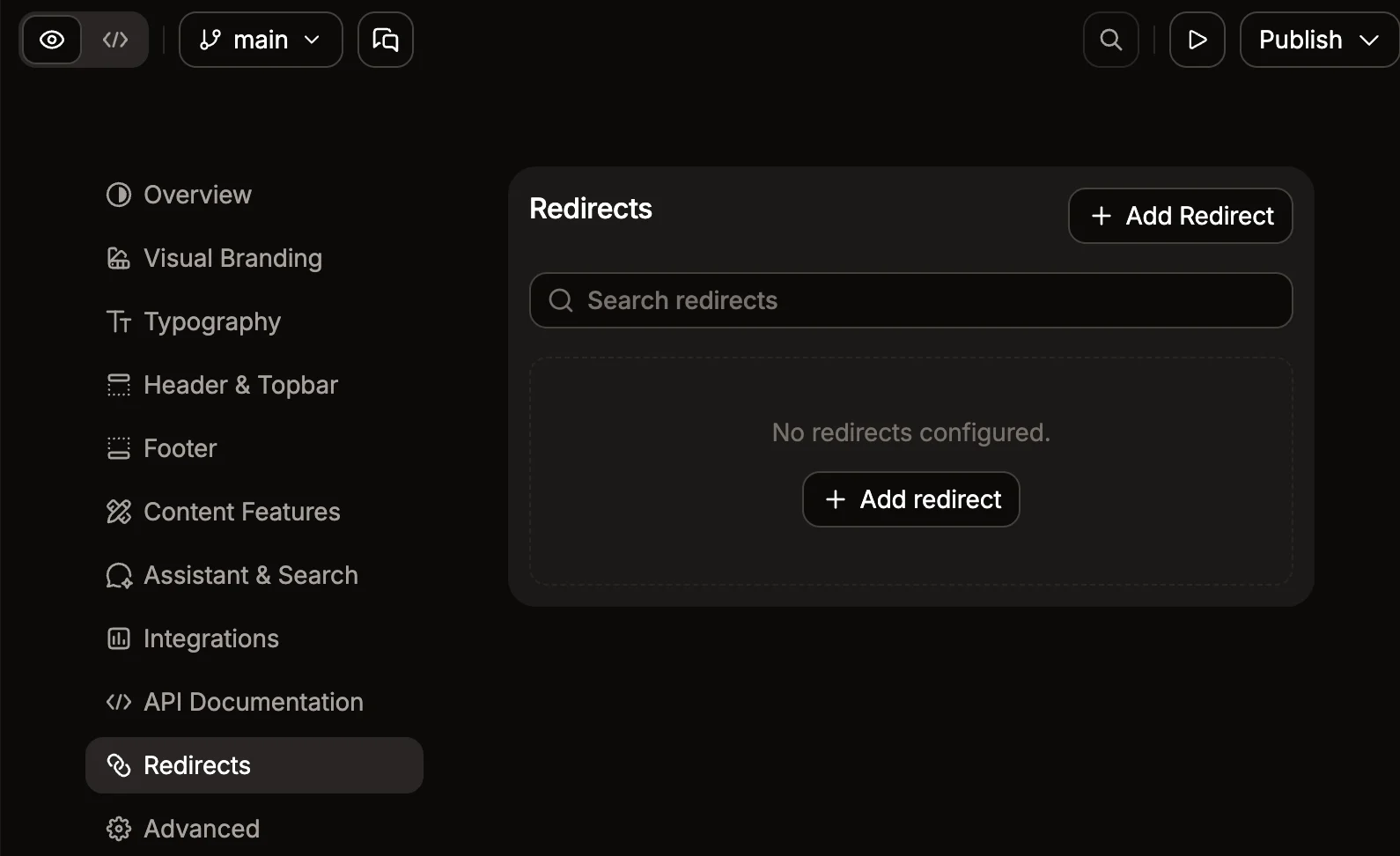 Redirects menu in the editor.