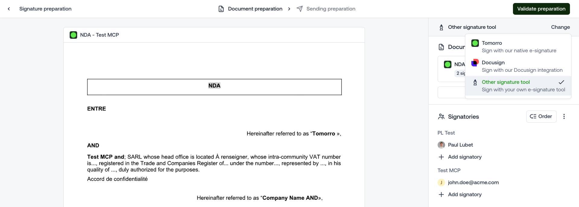 Signature preparation in Tomorro, with Other signature tool selected as the signature provider