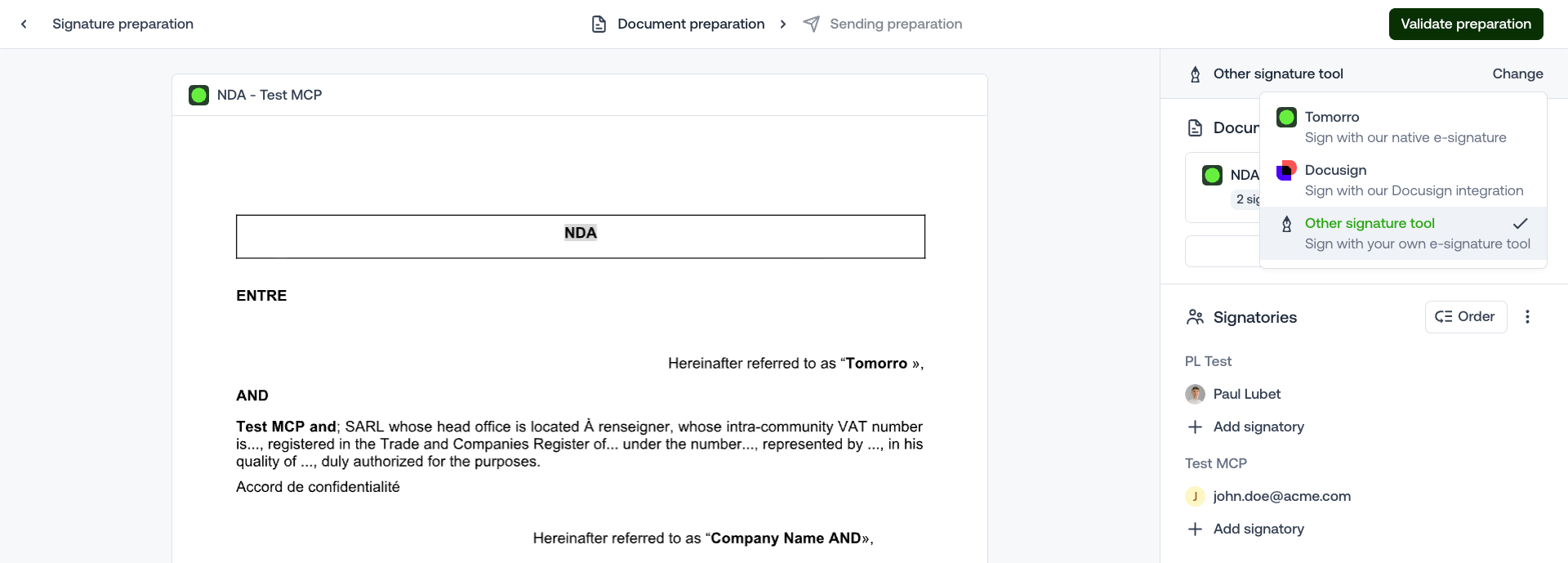 Signature preparation in Tomorro, with Other signature tool selected as the signature provider