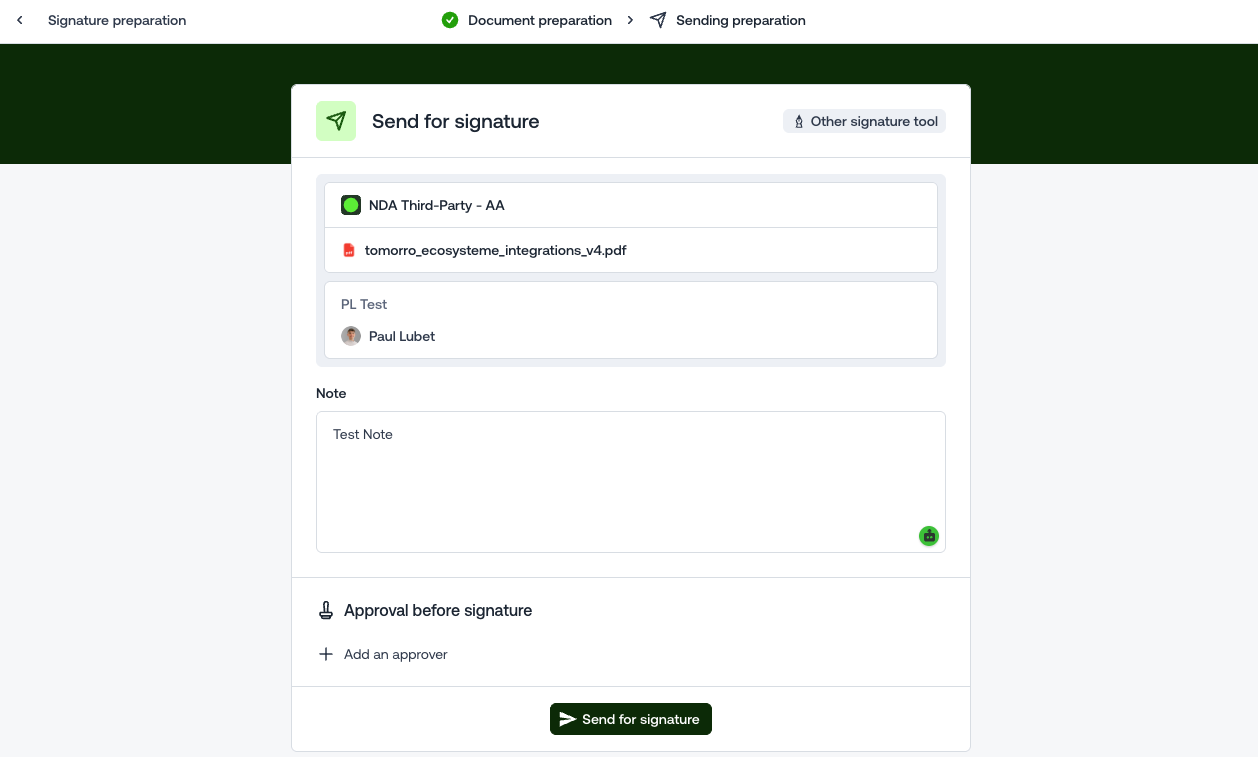 Send for signature dialog in Tomorro, with the Other signature tool badge