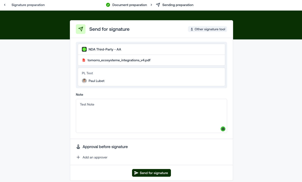 Send for signature dialog in Tomorro, with the Other signature tool badge