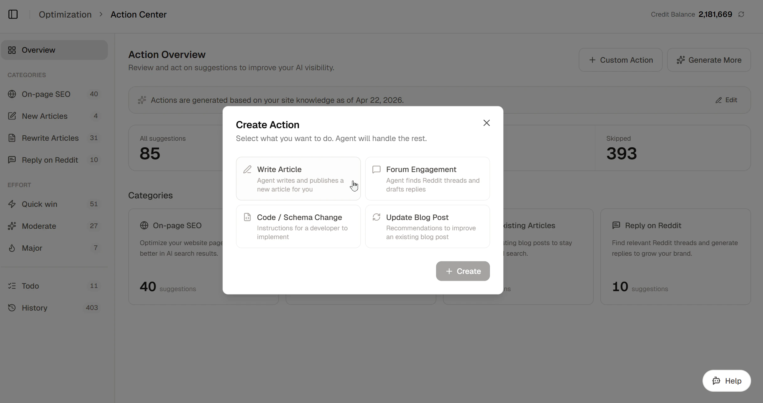 Create Action 对话框,包含 Write Article、Forum Engagement、Code / Schema Change 与 Update Blog Post 选项。
