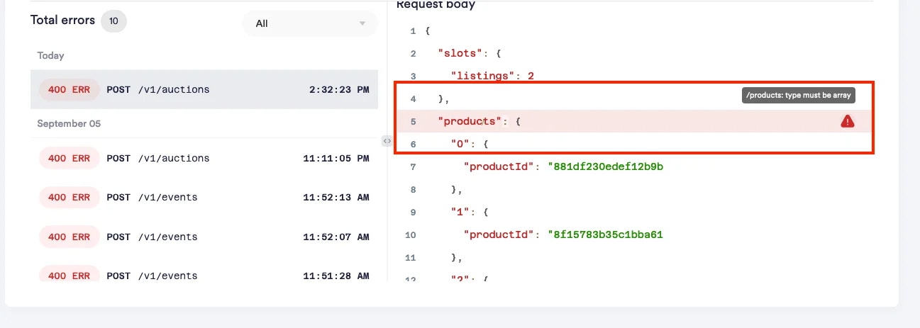 Schema validator error screenshot