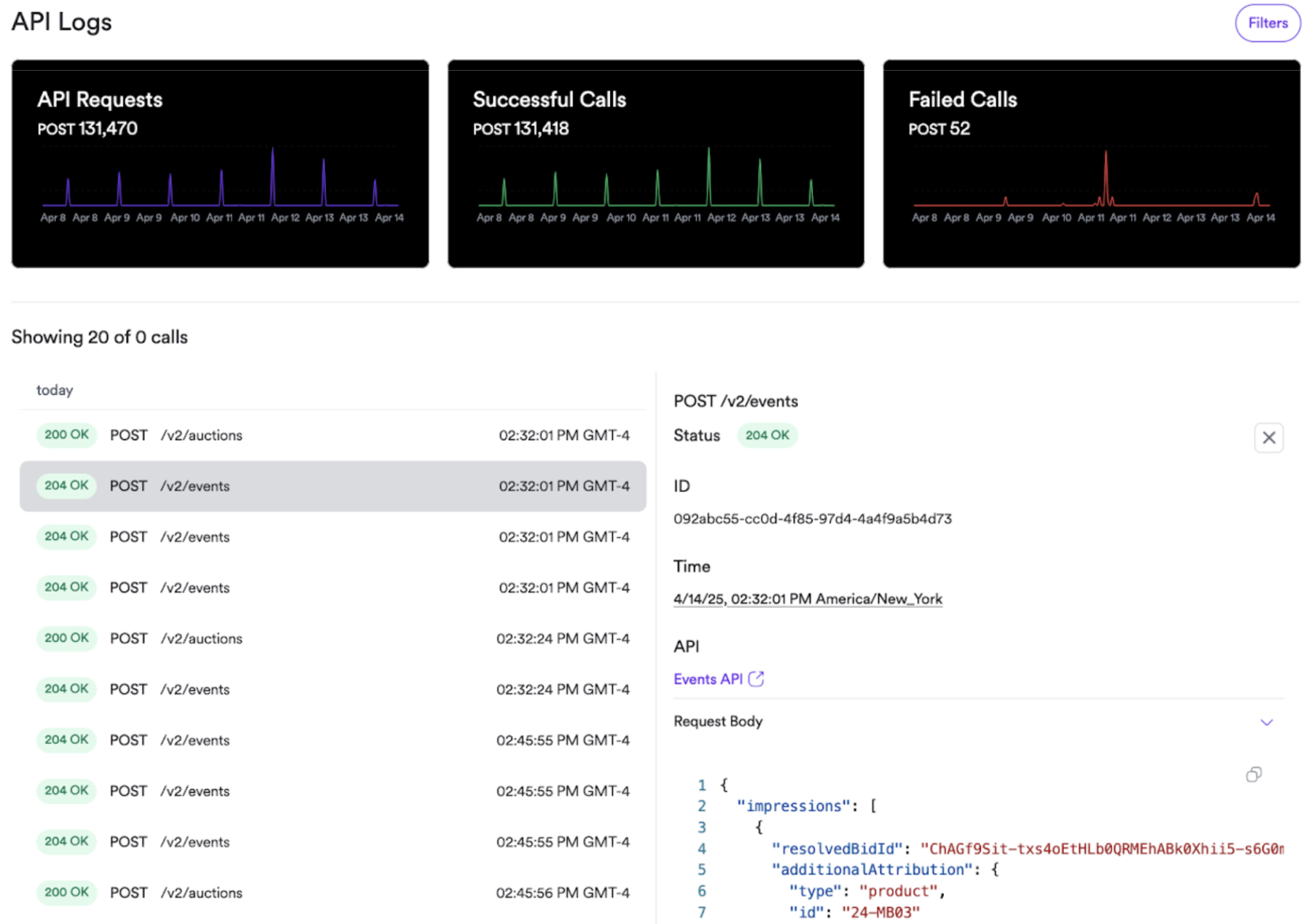 View activity log as you interact with the APIs