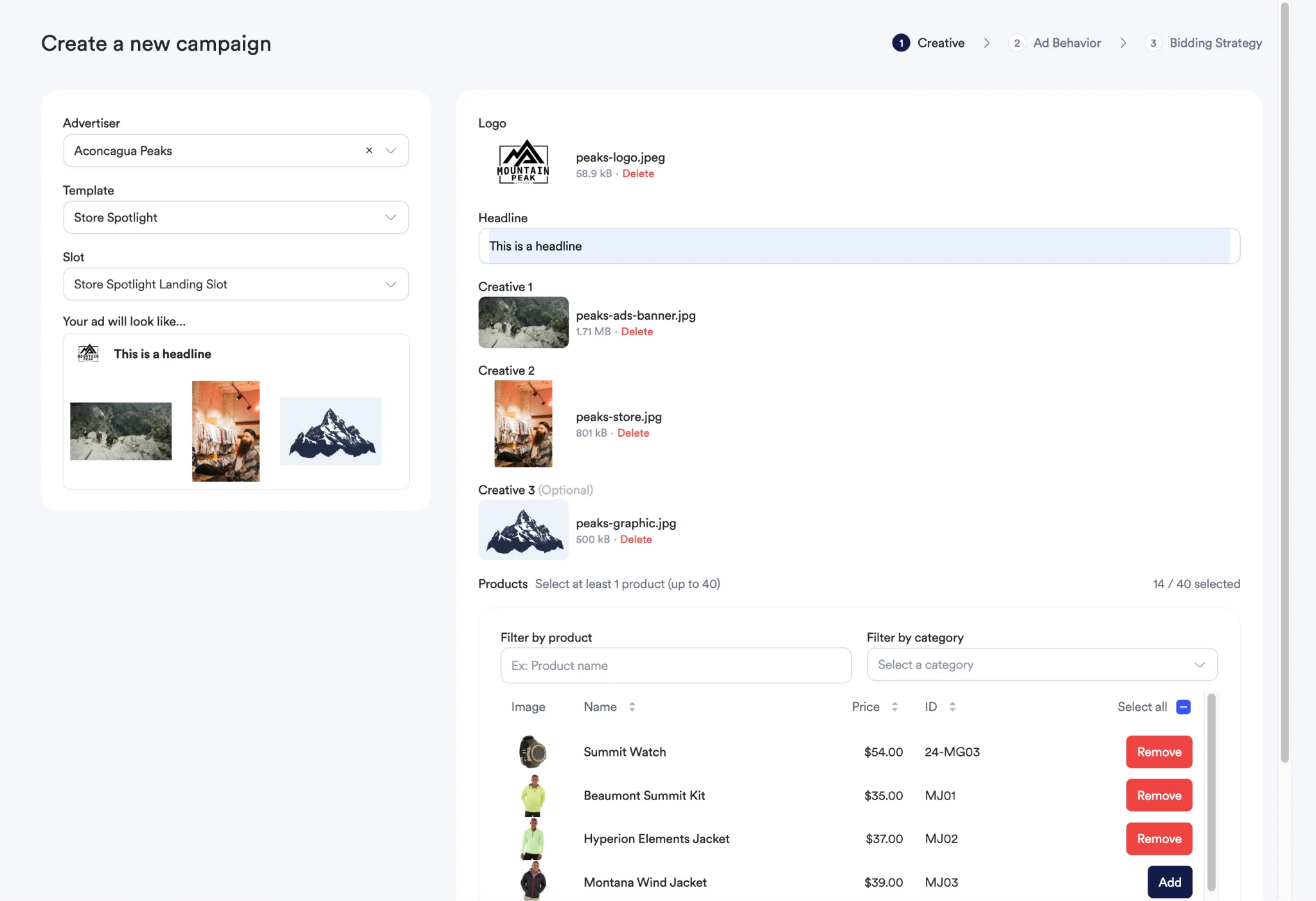 Captura de pantalla de la configuración creativa step