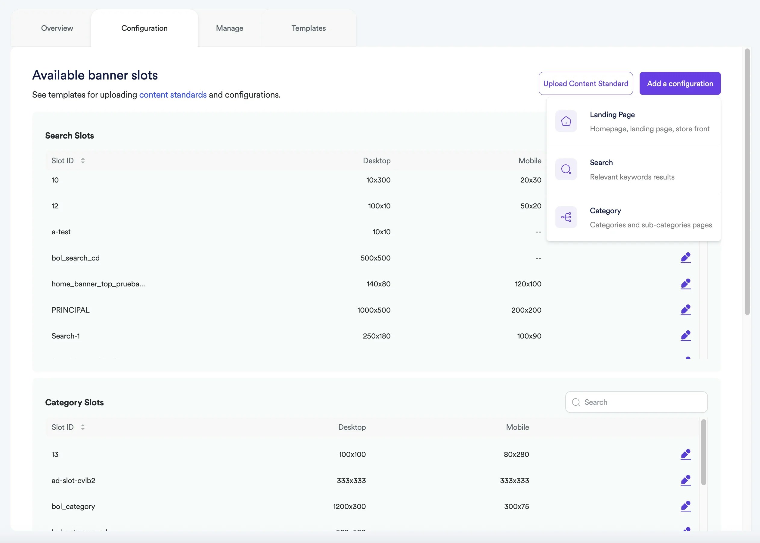 Adding new banner slot configuration for landing pages.