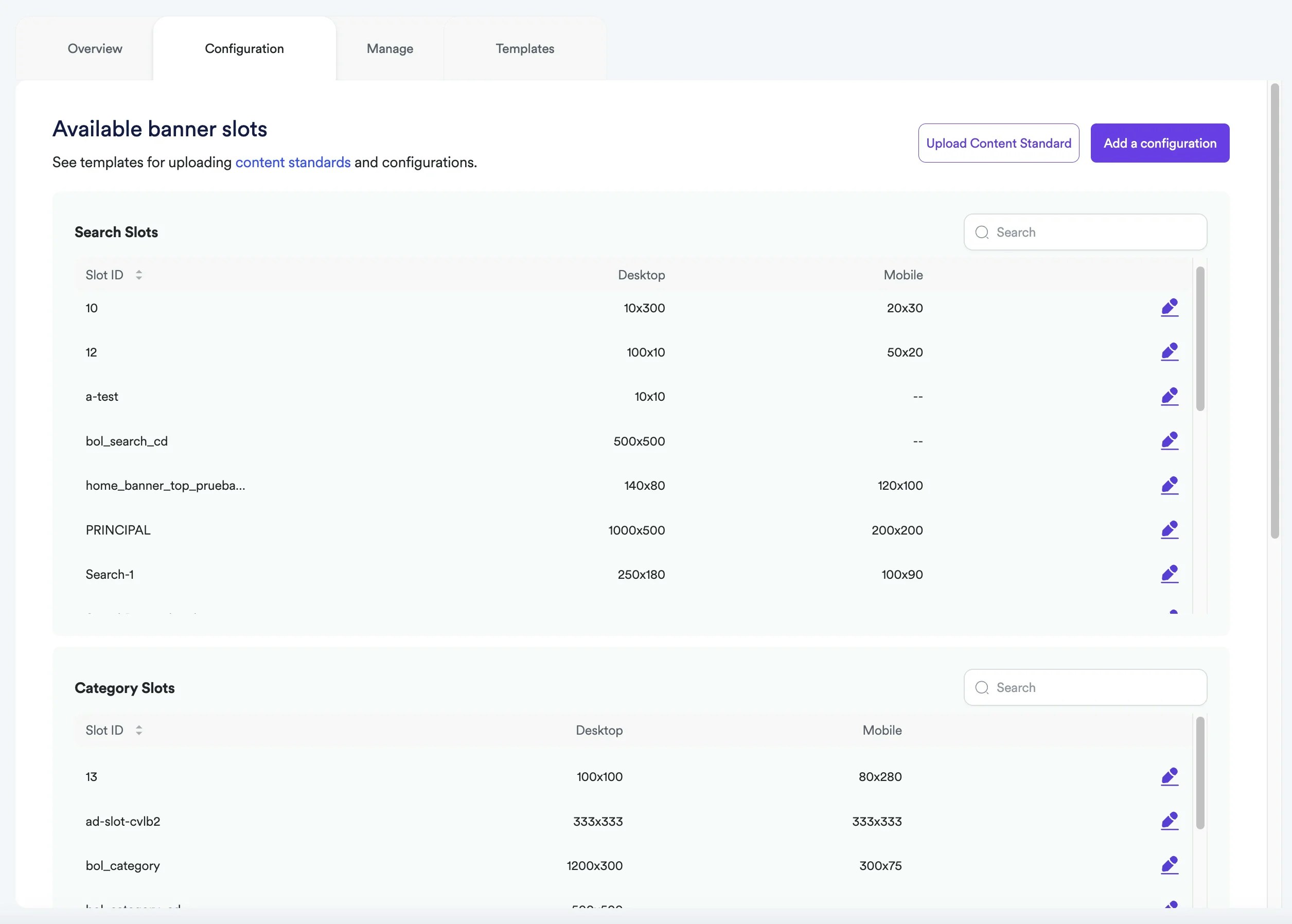 Configuration screen showing for banner slots.