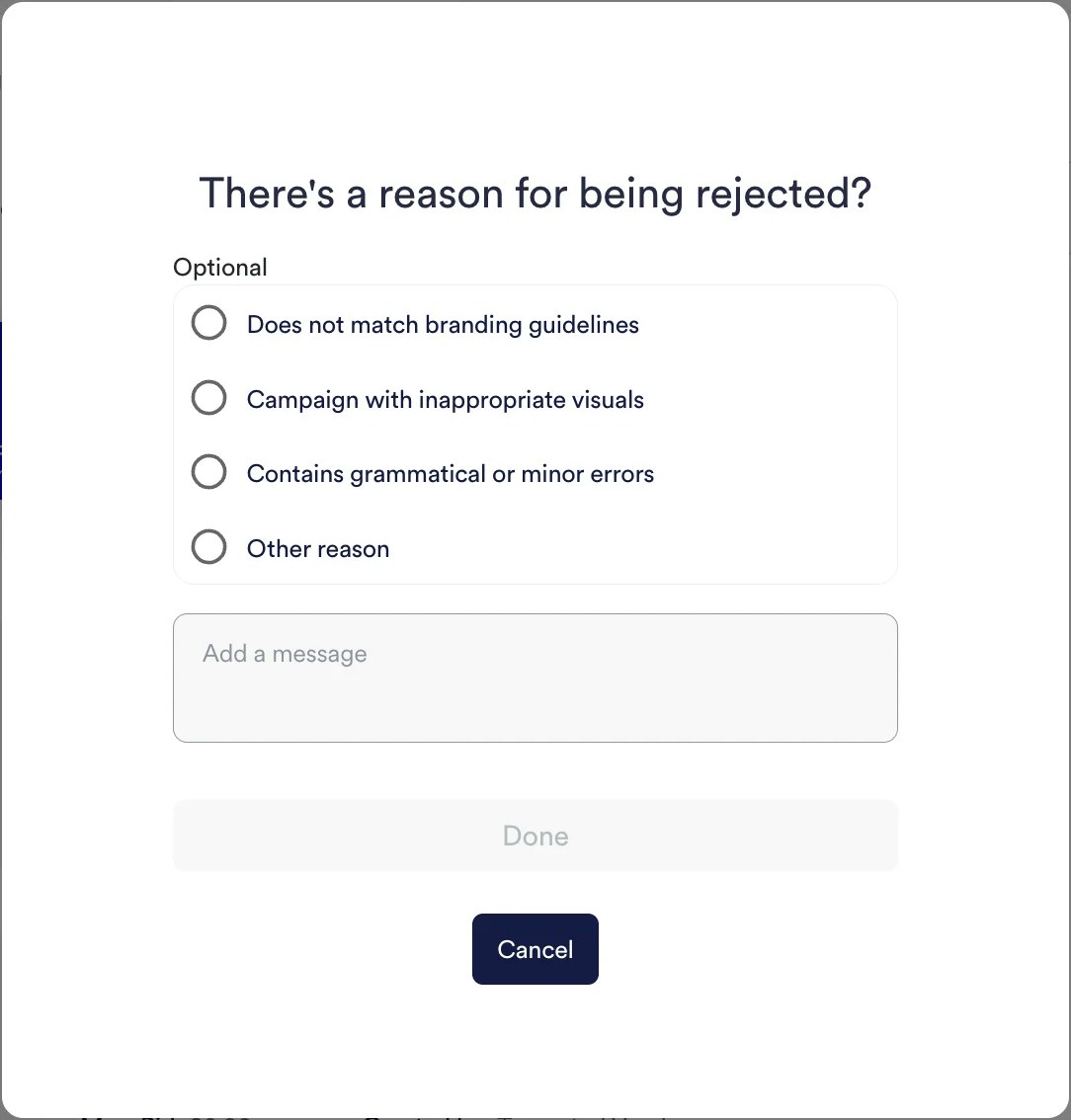 Screenshot of rejecting a campaign management.