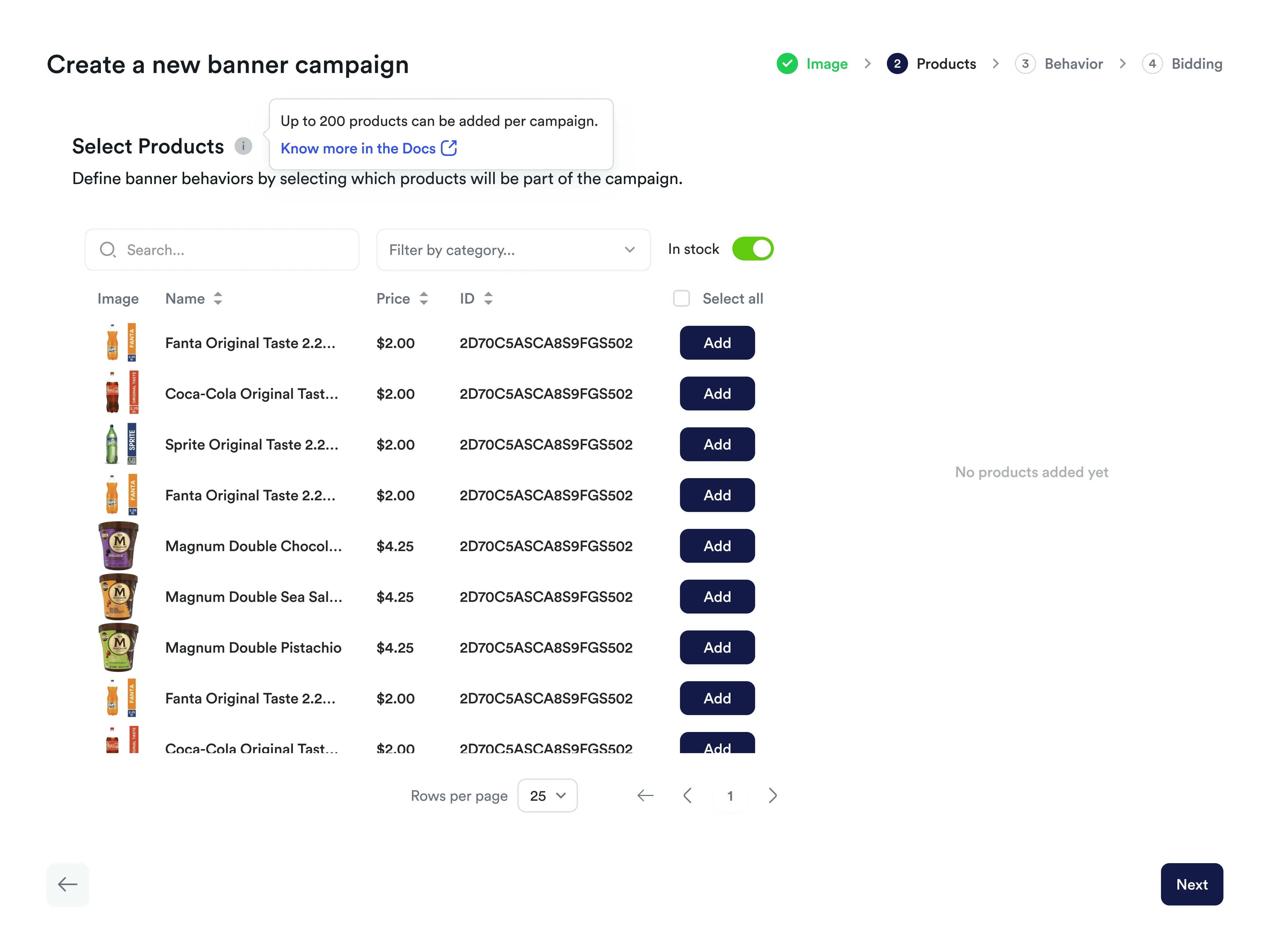 Screenshot of showing linking to products.