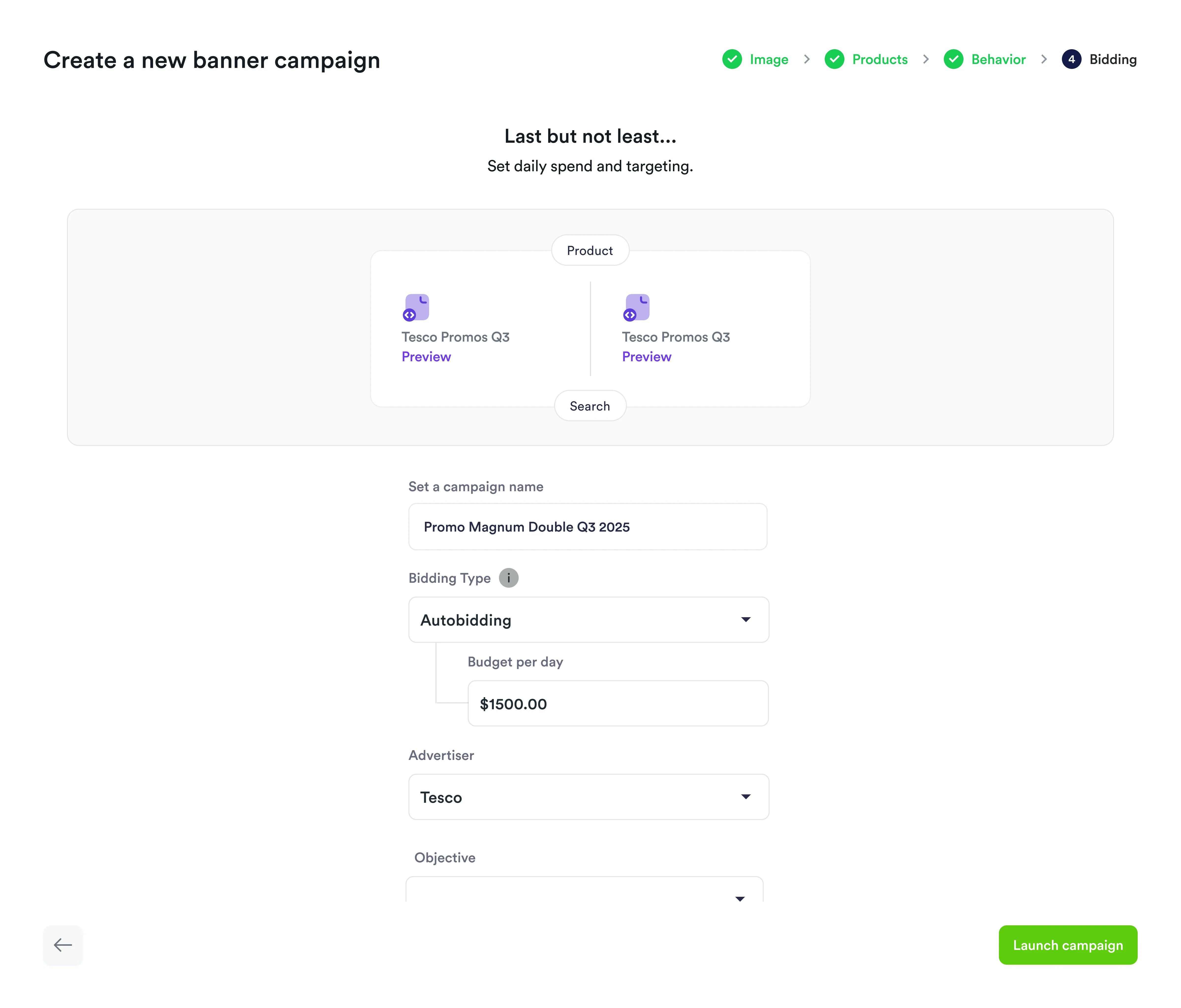 Screenshot of creating banner ads campaign.