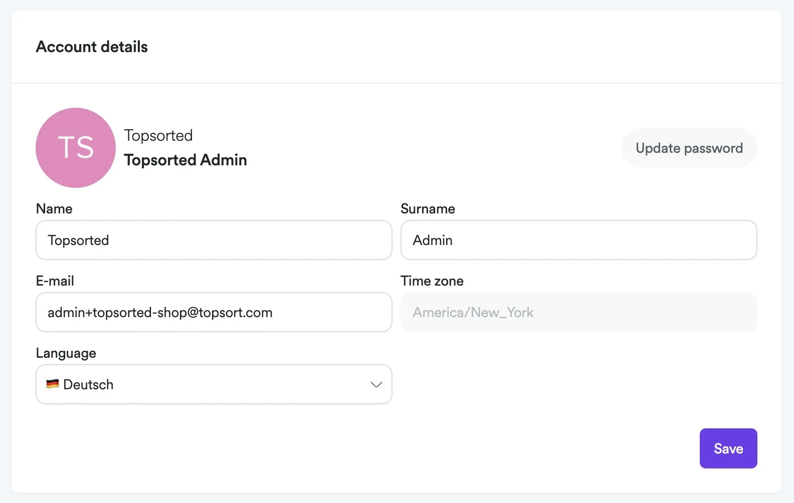 Changing language preference to german in admin