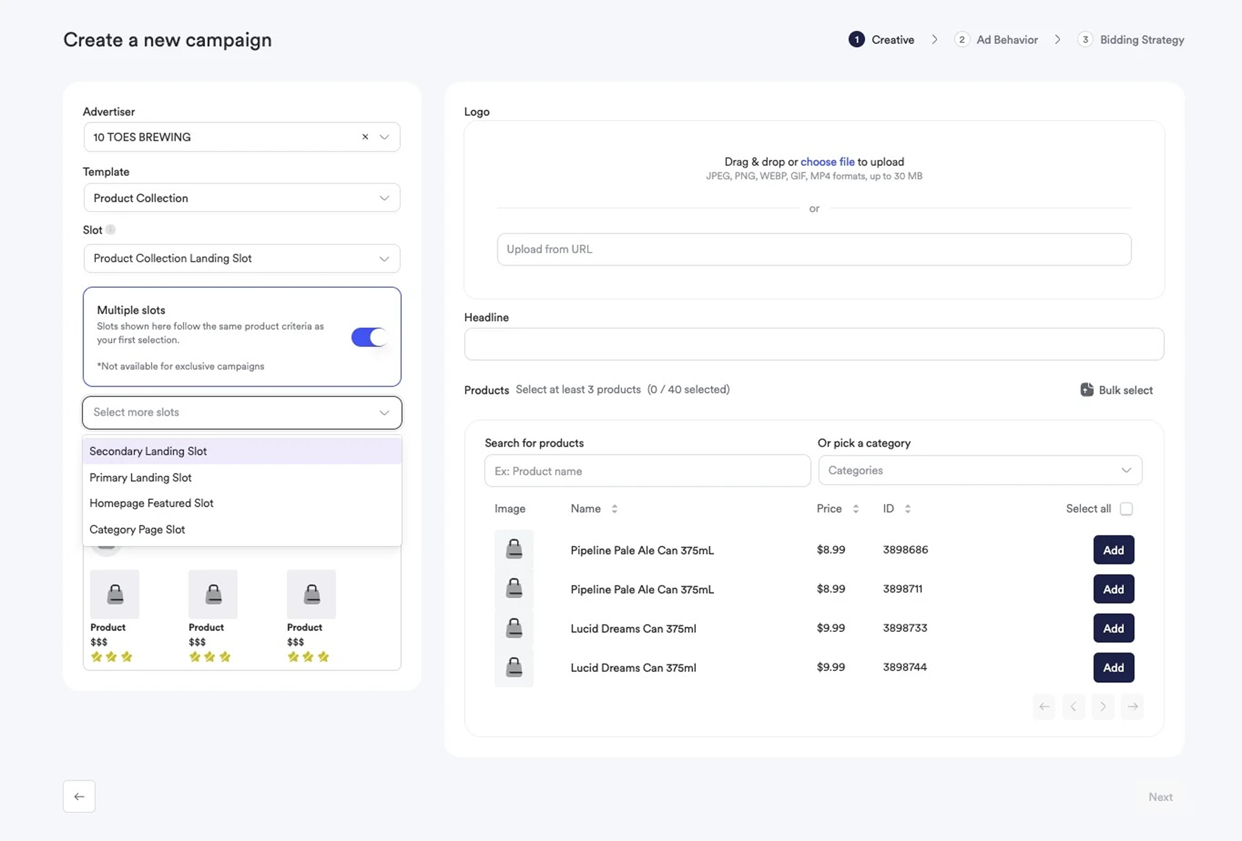 Multiple slot selection interface for Sponsored Brands campaigns