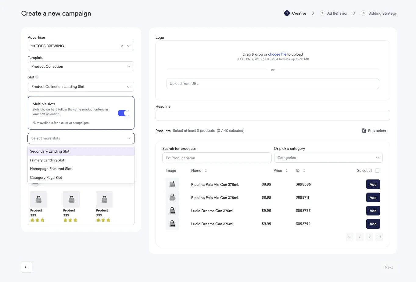 Multiple slot selection interface for Sponsored Brands campaigns