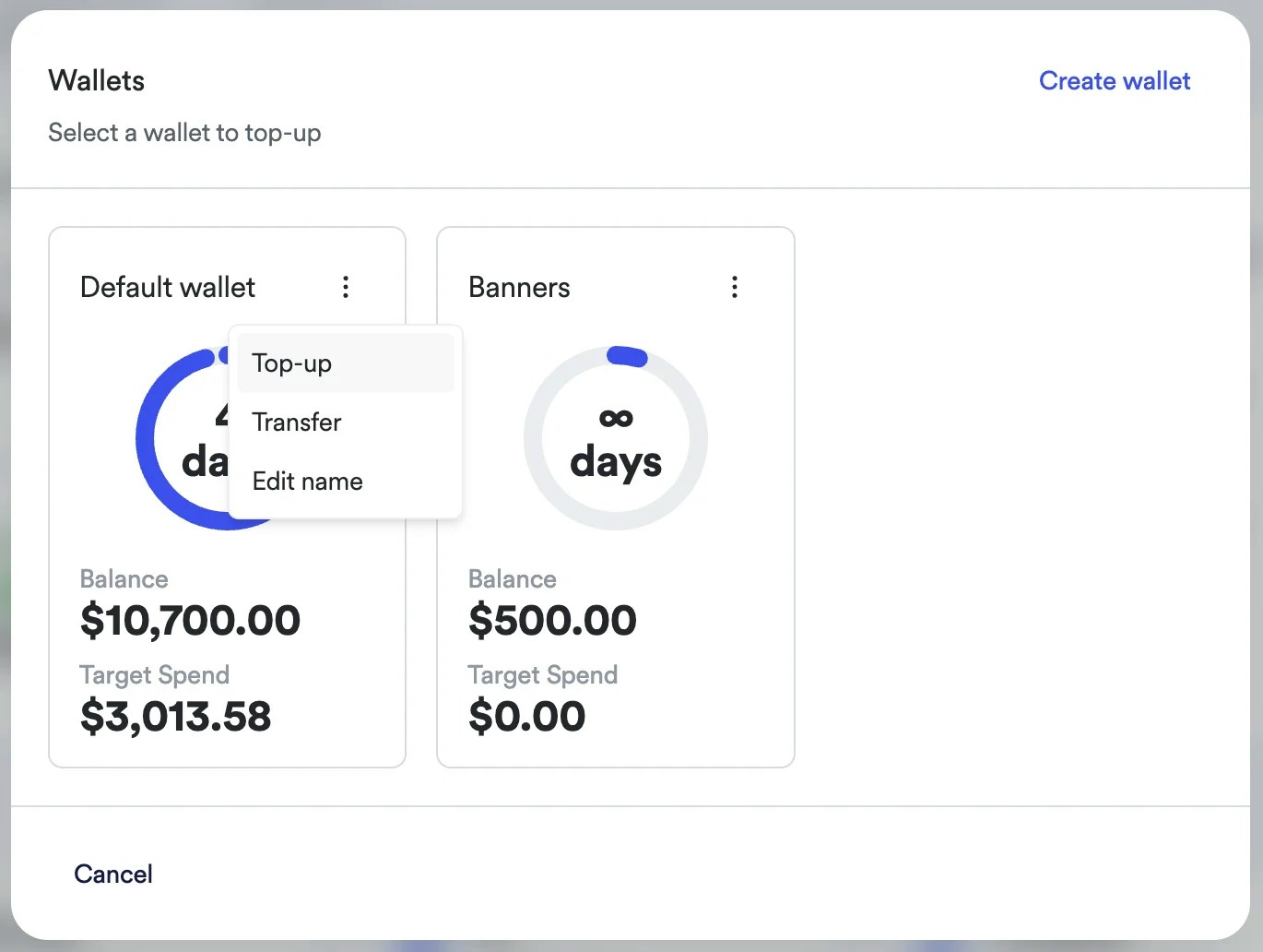 Vendor wallet top up