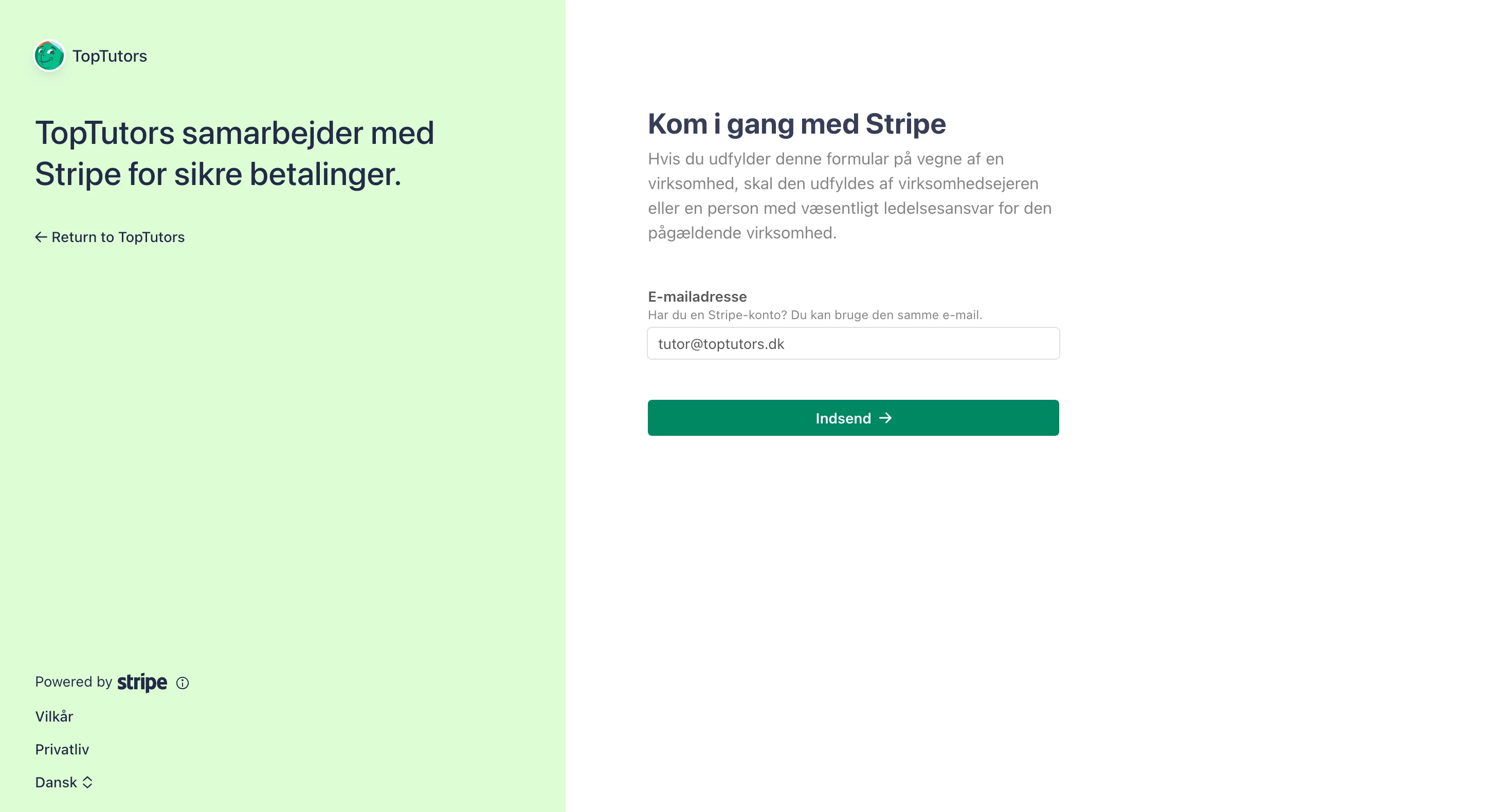 Stripe kontooprettelse - email