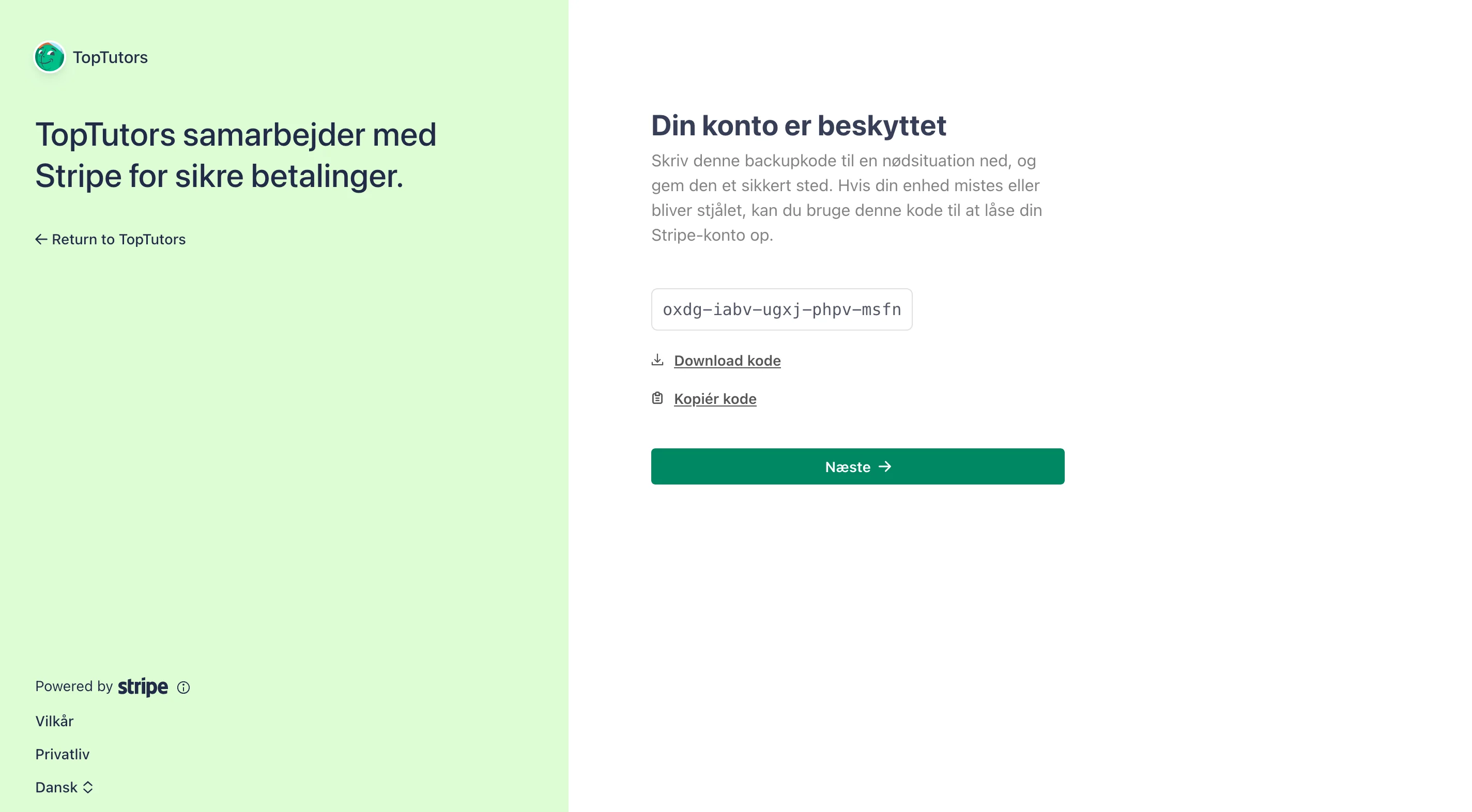 Stripe backup kode