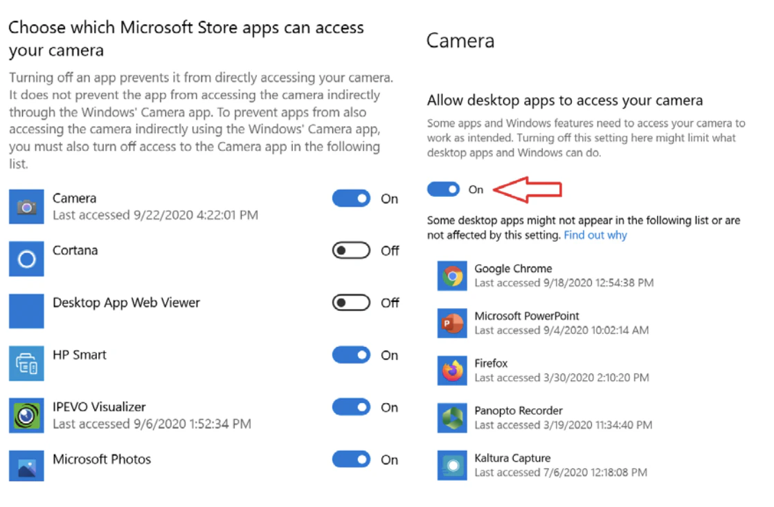 Windows Privacy indstillinger - Camera