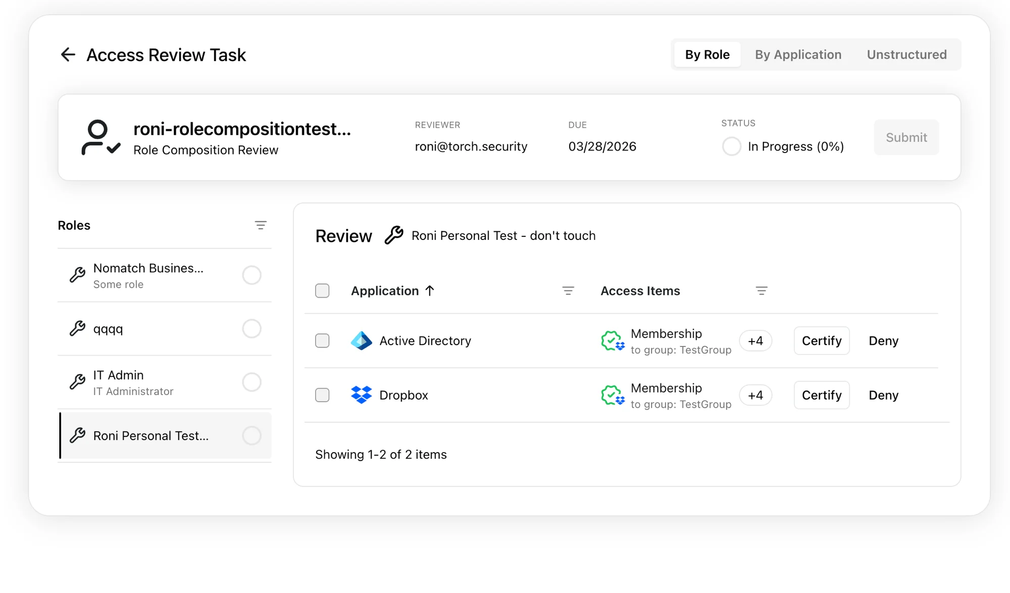 Role composition review task showing applications per role