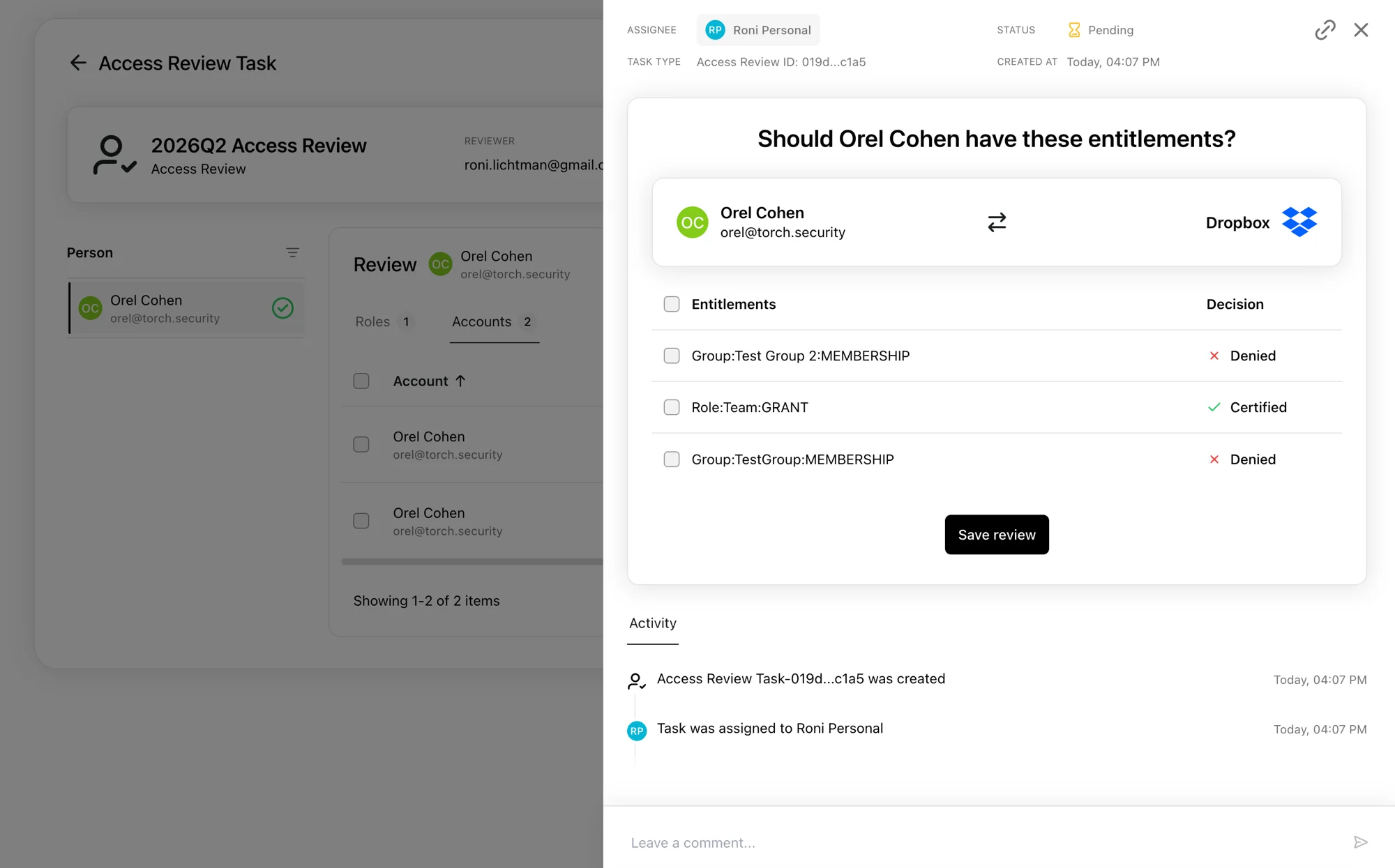 Saving review decisions for a subtask
