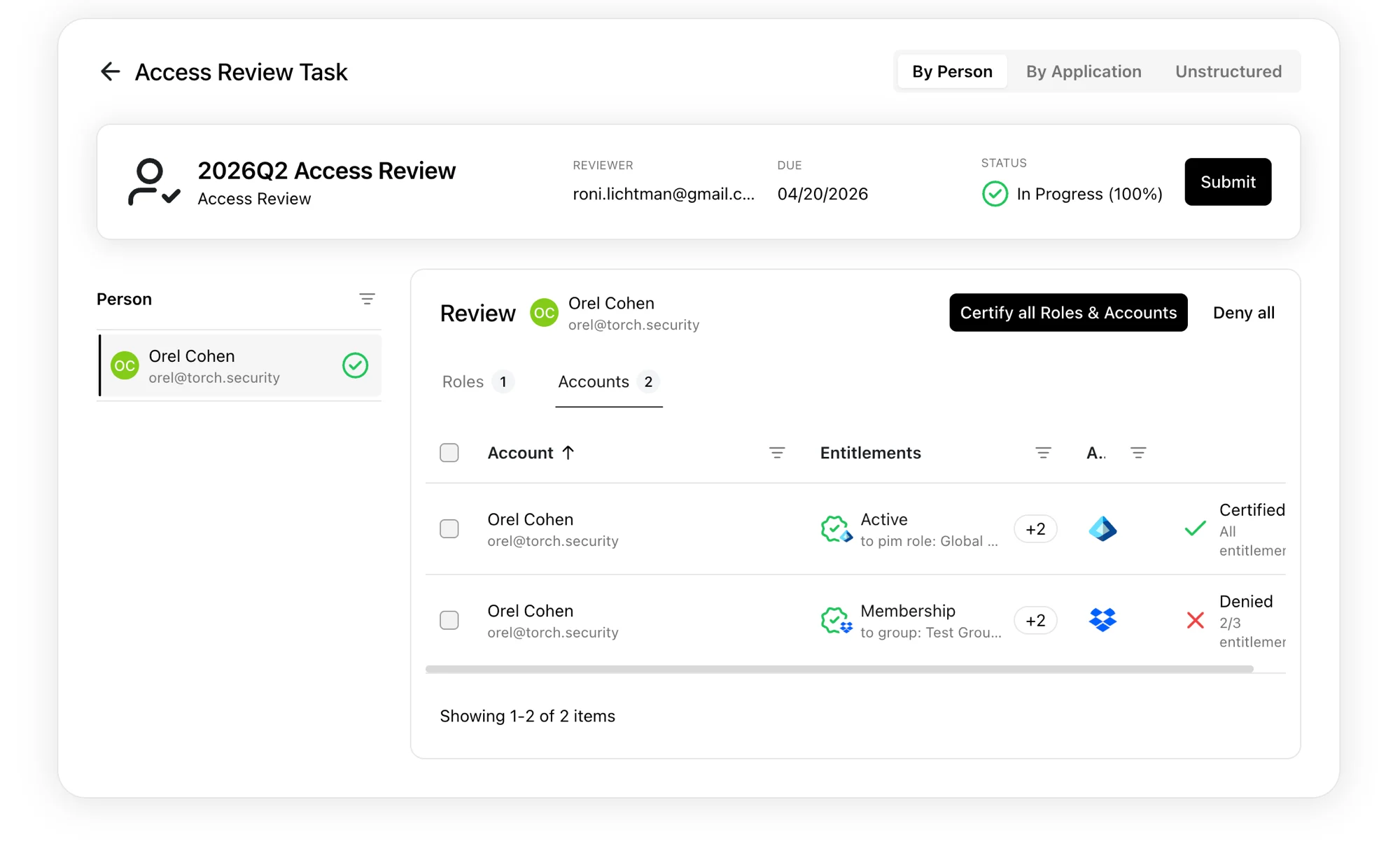 Submitting a completed access review task