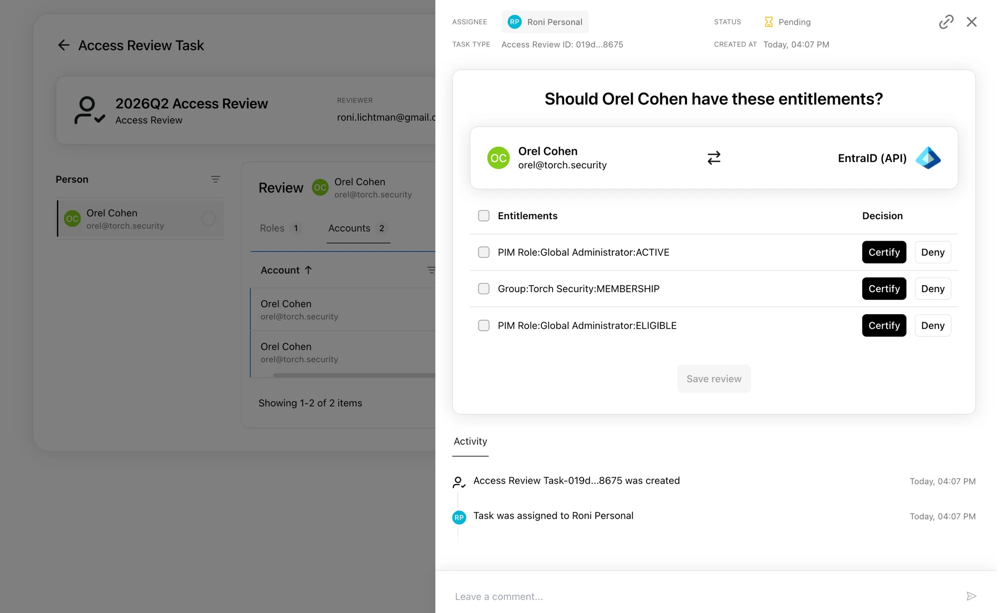 Subtask detail view showing individual entitlements to certify or deny
