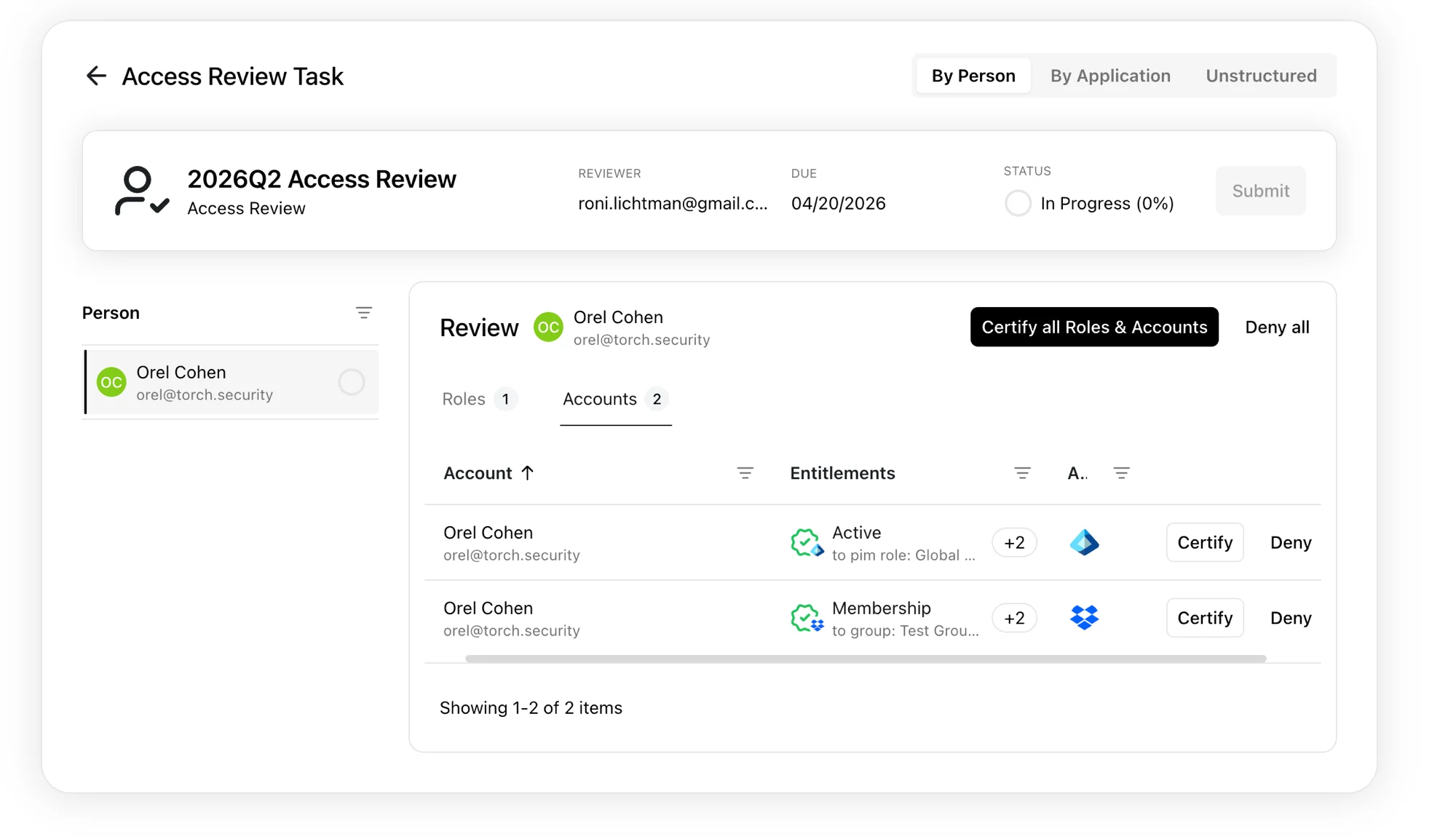Access review task details showing subtasks