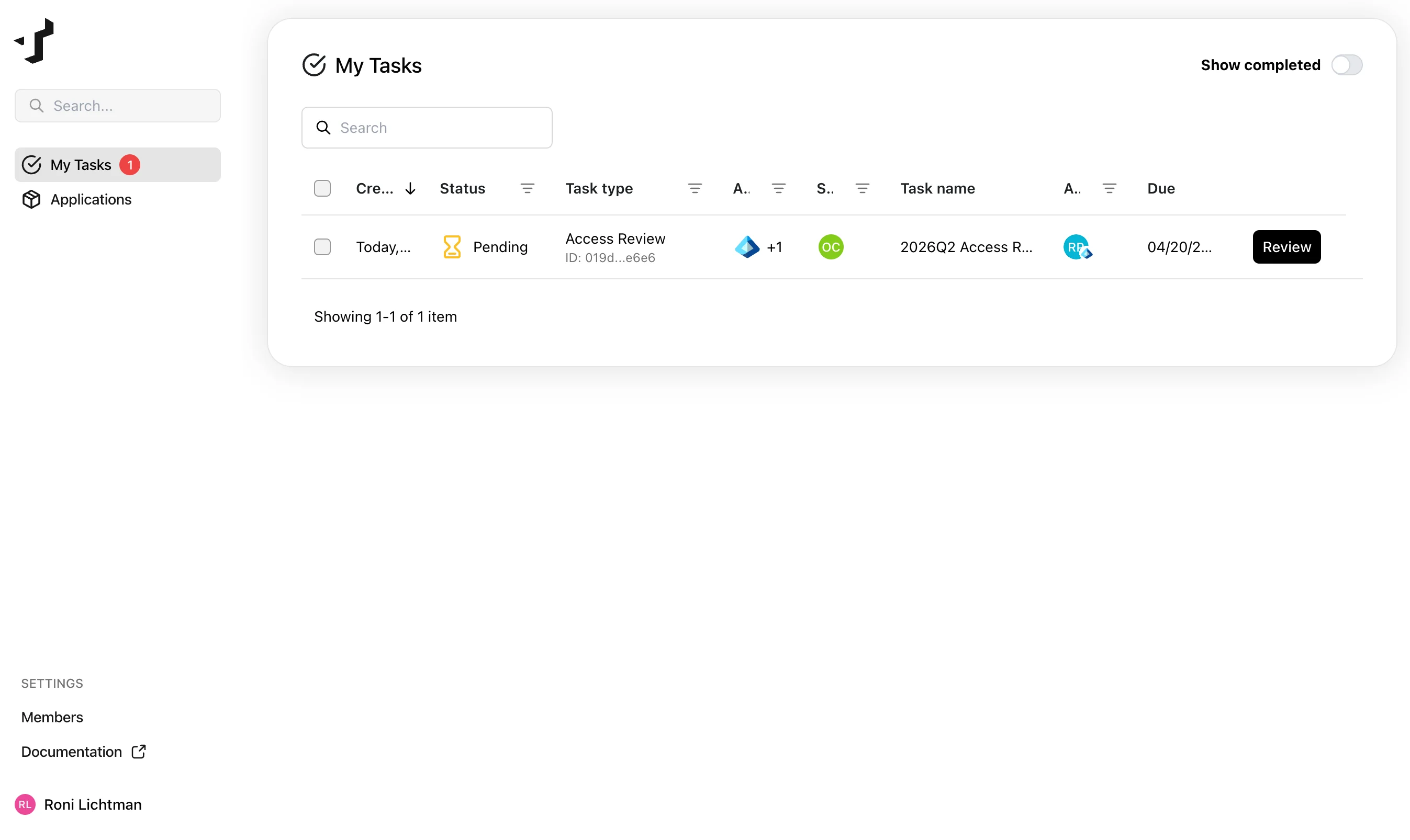 Tasks page showing access review tasks