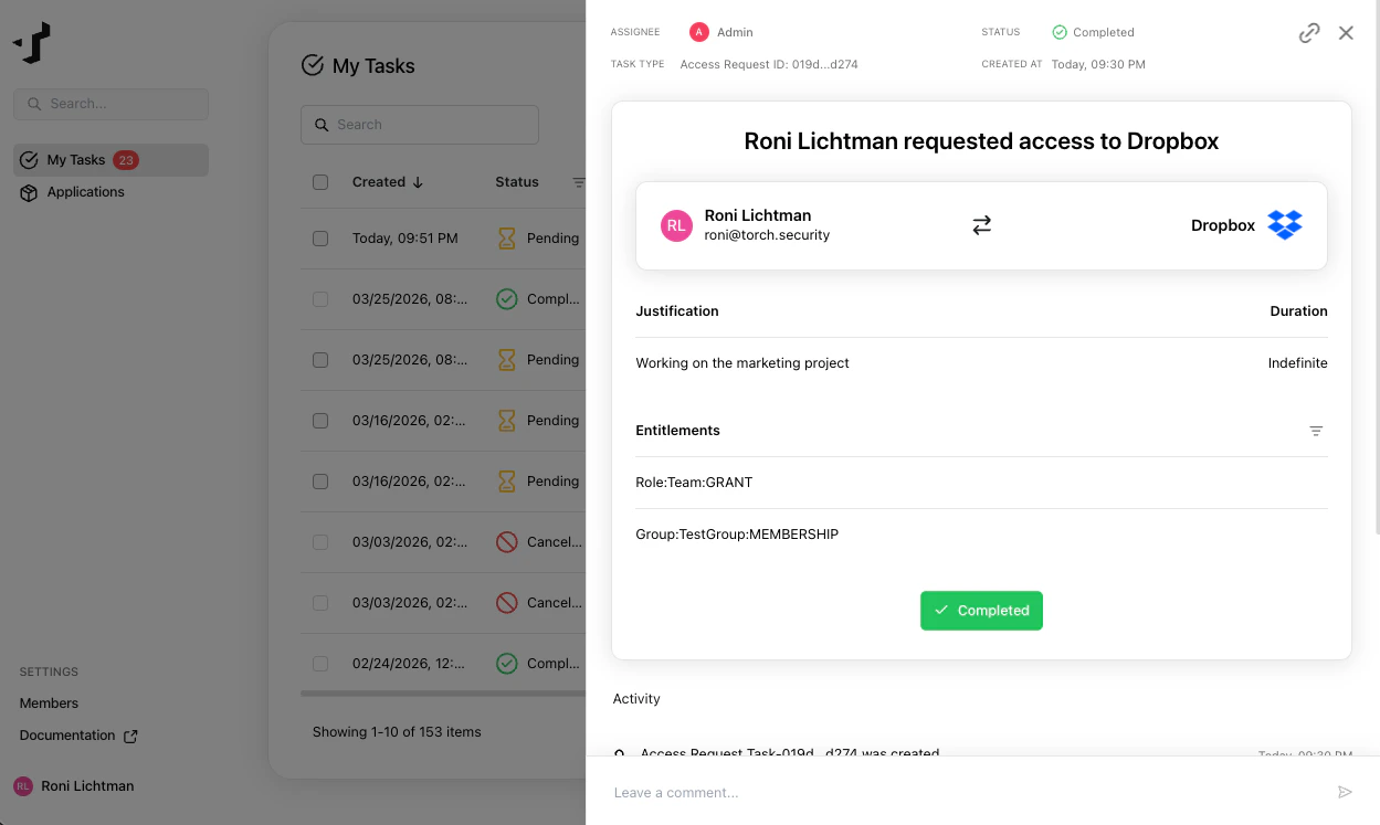 Approve and deny buttons on access request task