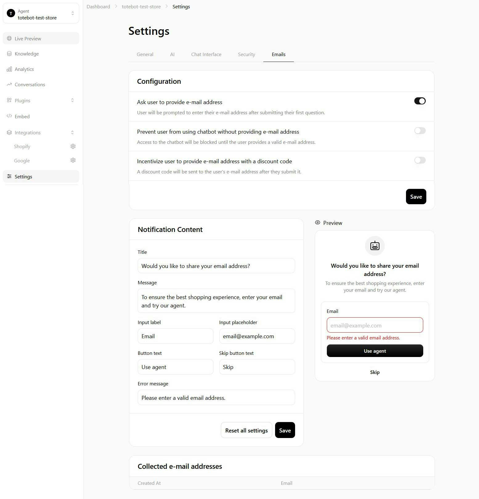 totebot ai agent settings email
