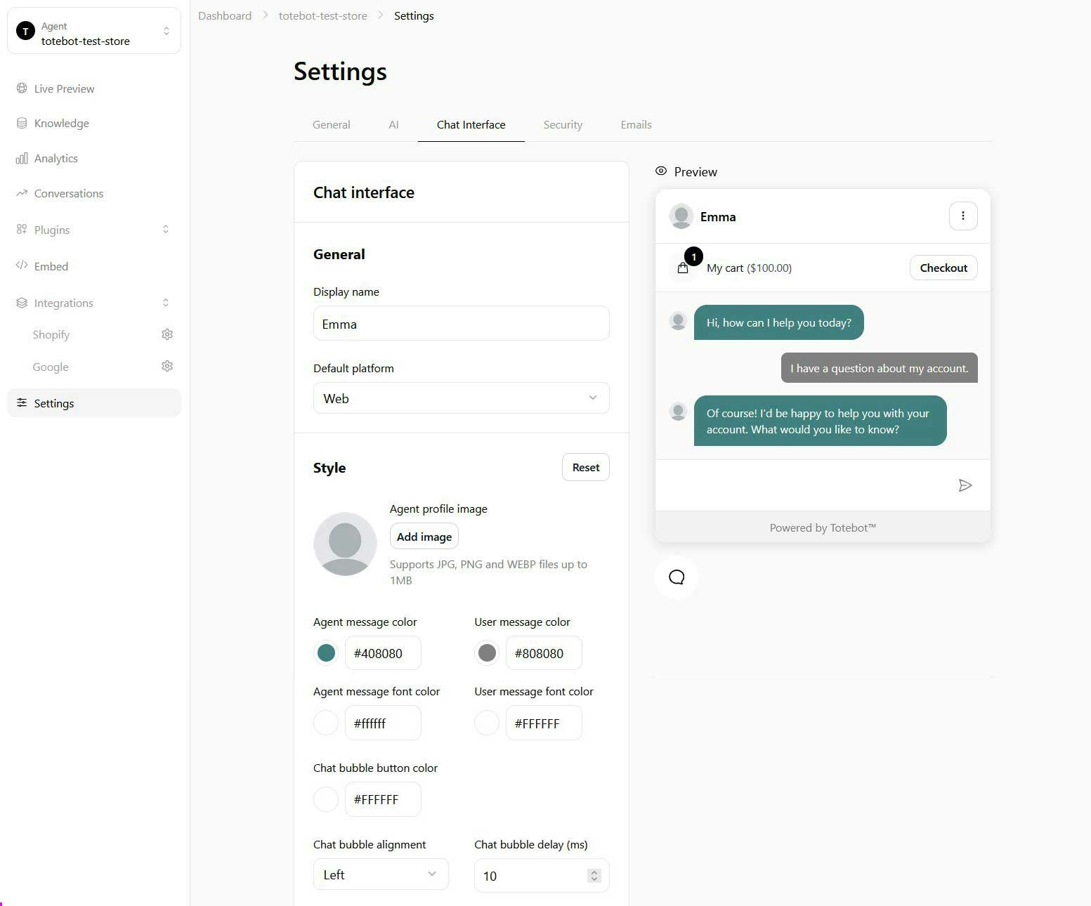 totebot ai agent settings chat interface