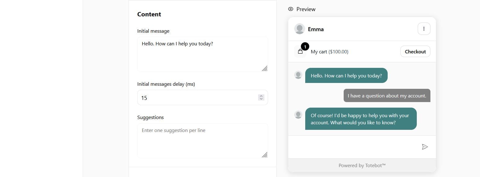 totebot ai agent settings chat interface