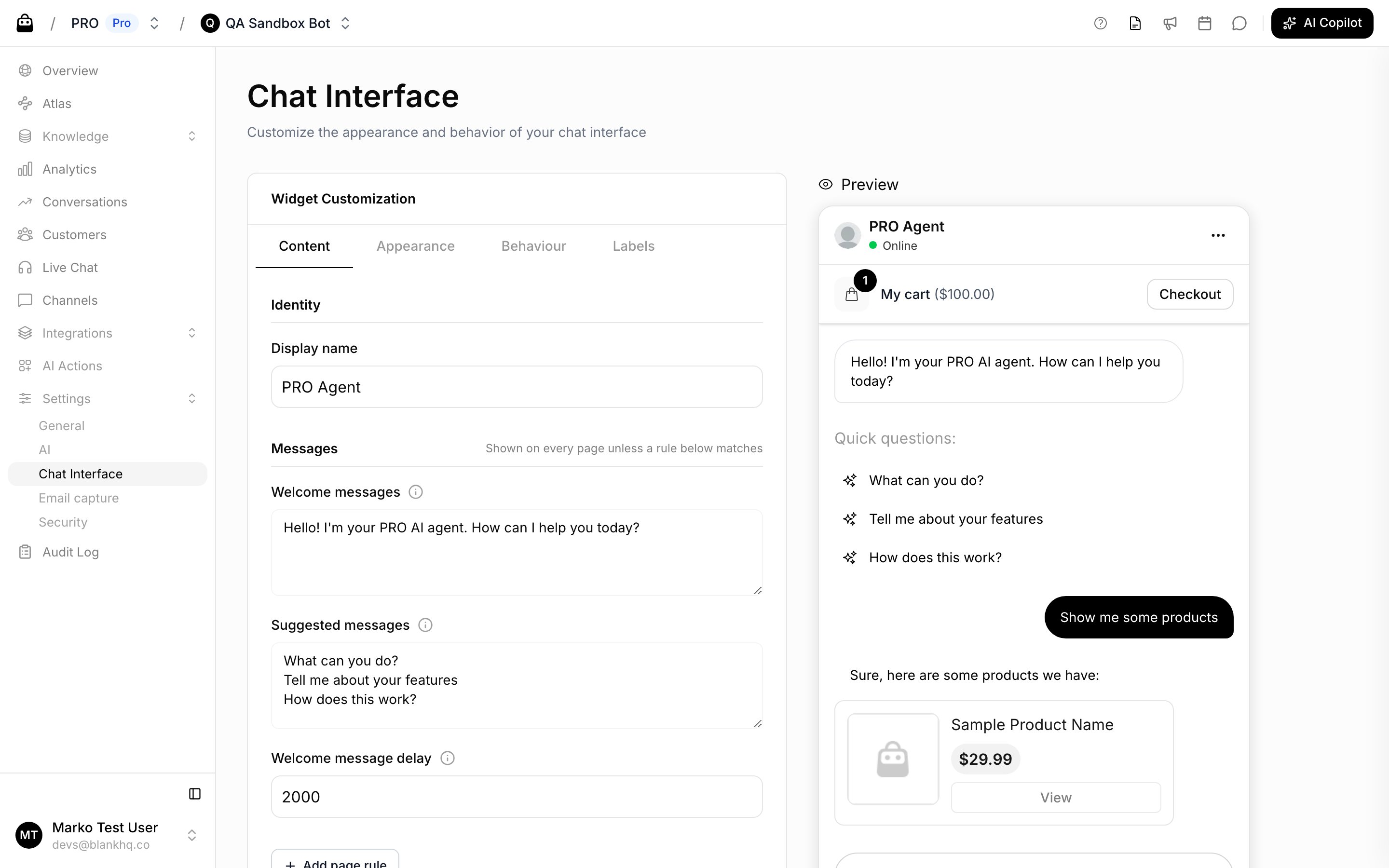 totebot ai agent settings chat interface