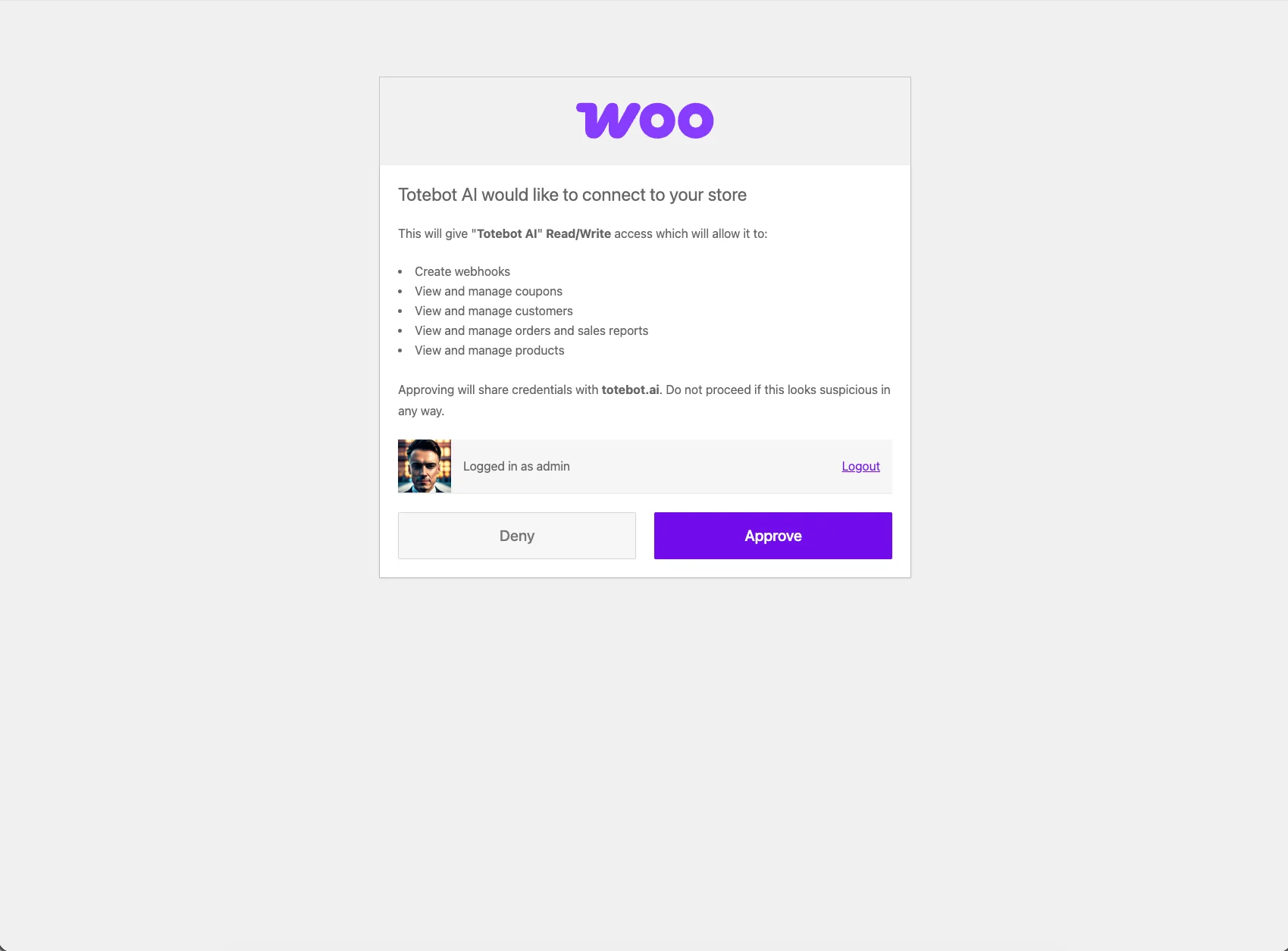Approve Totebot AI access in WooCommerce