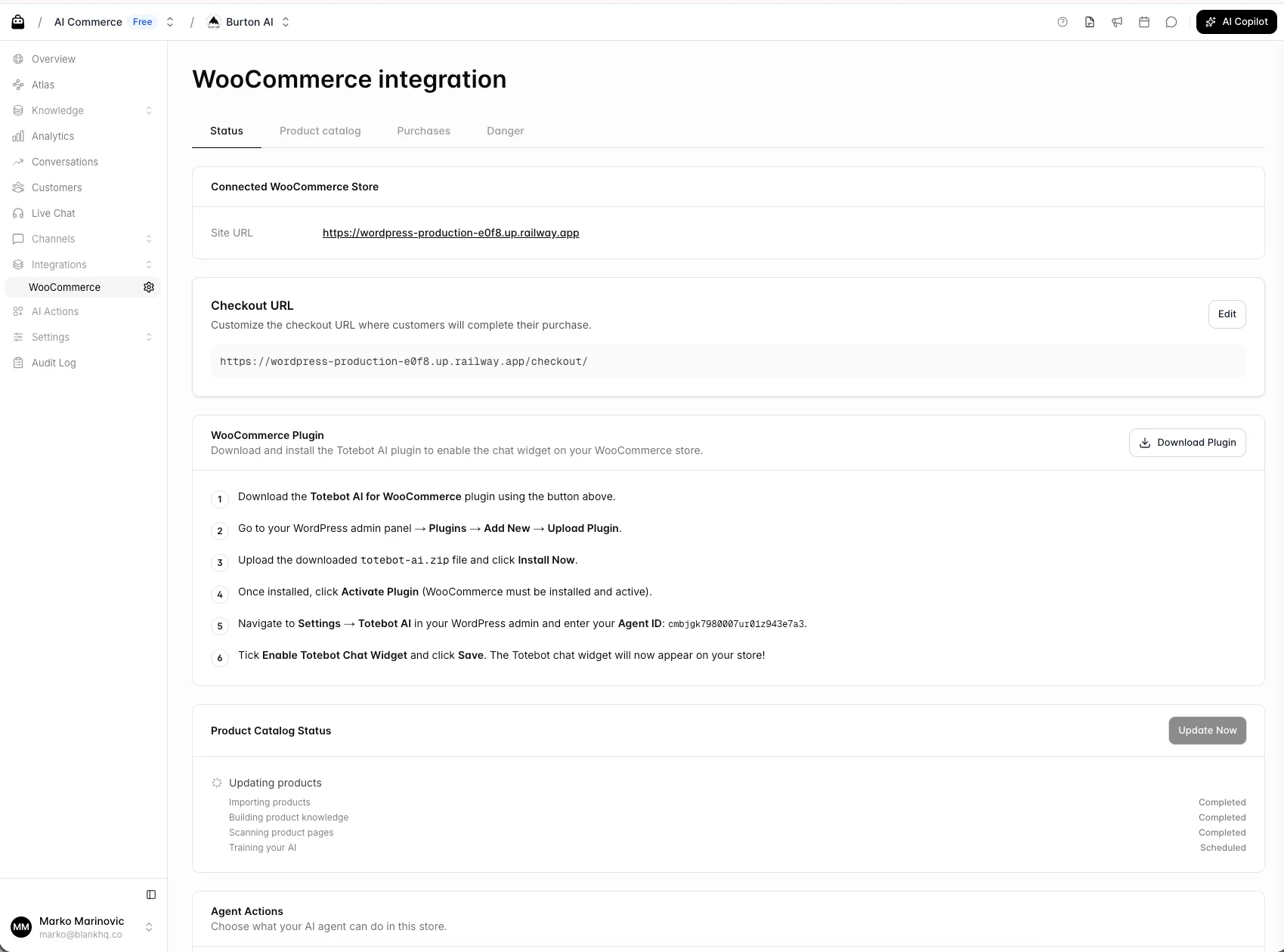 WooCommerce integration page with plugin steps, Agent ID, and product sync status