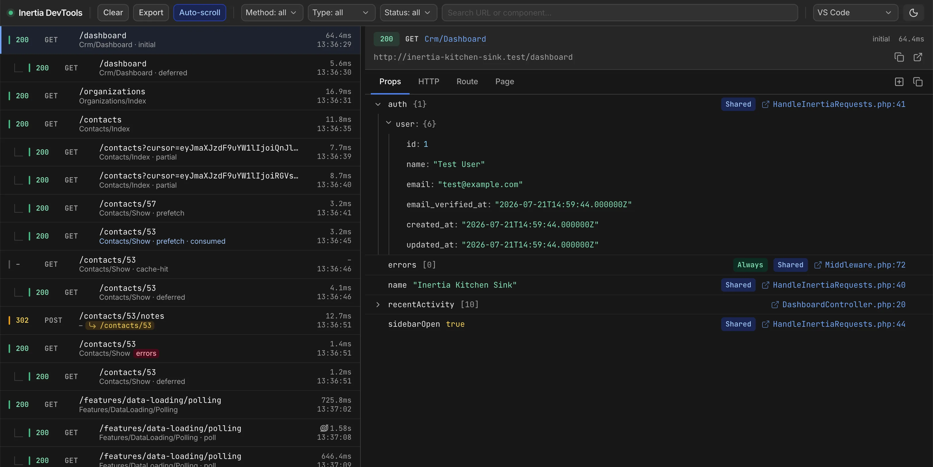 Inertia DevTools panel