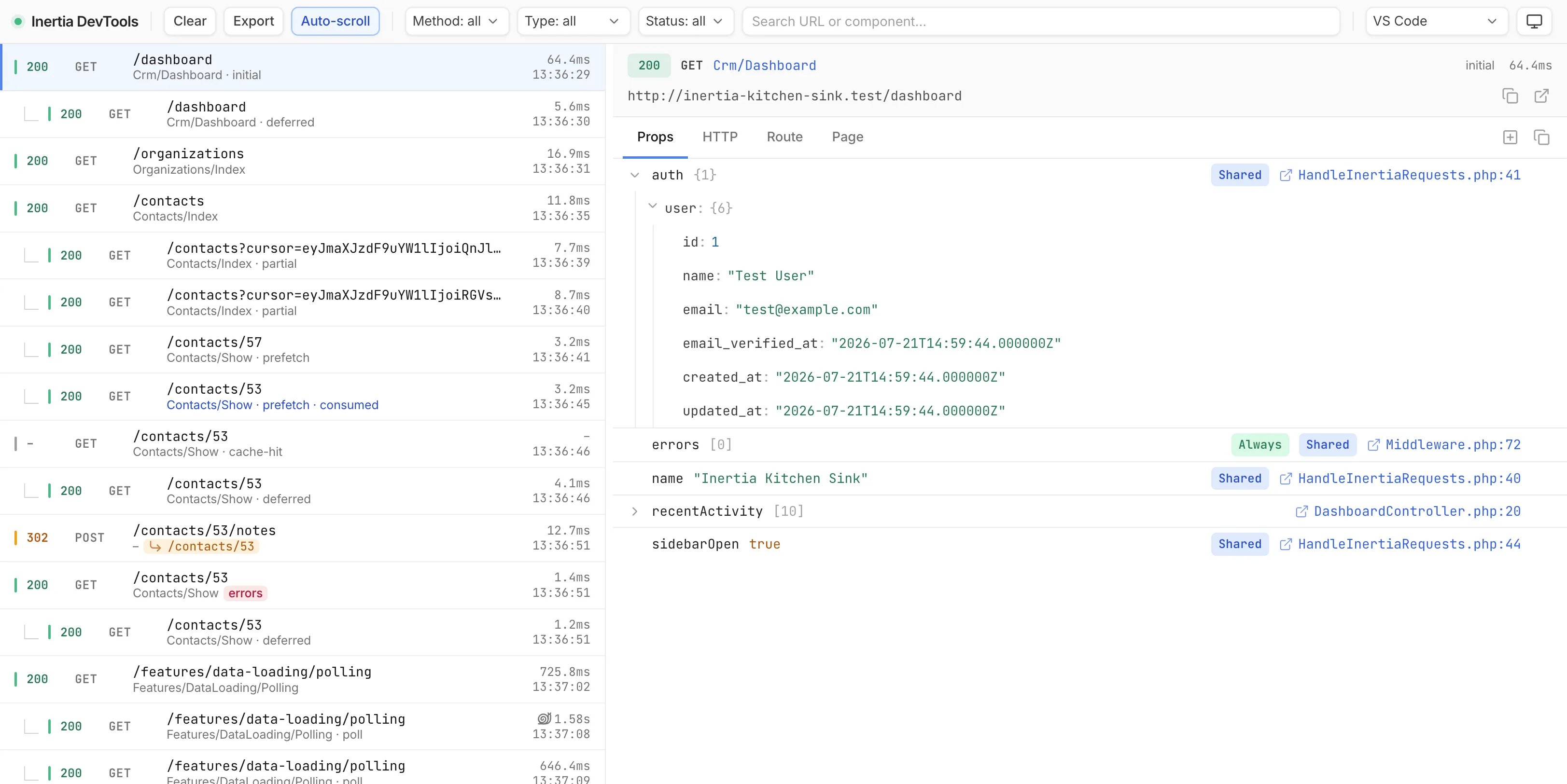 Inertia DevTools panel