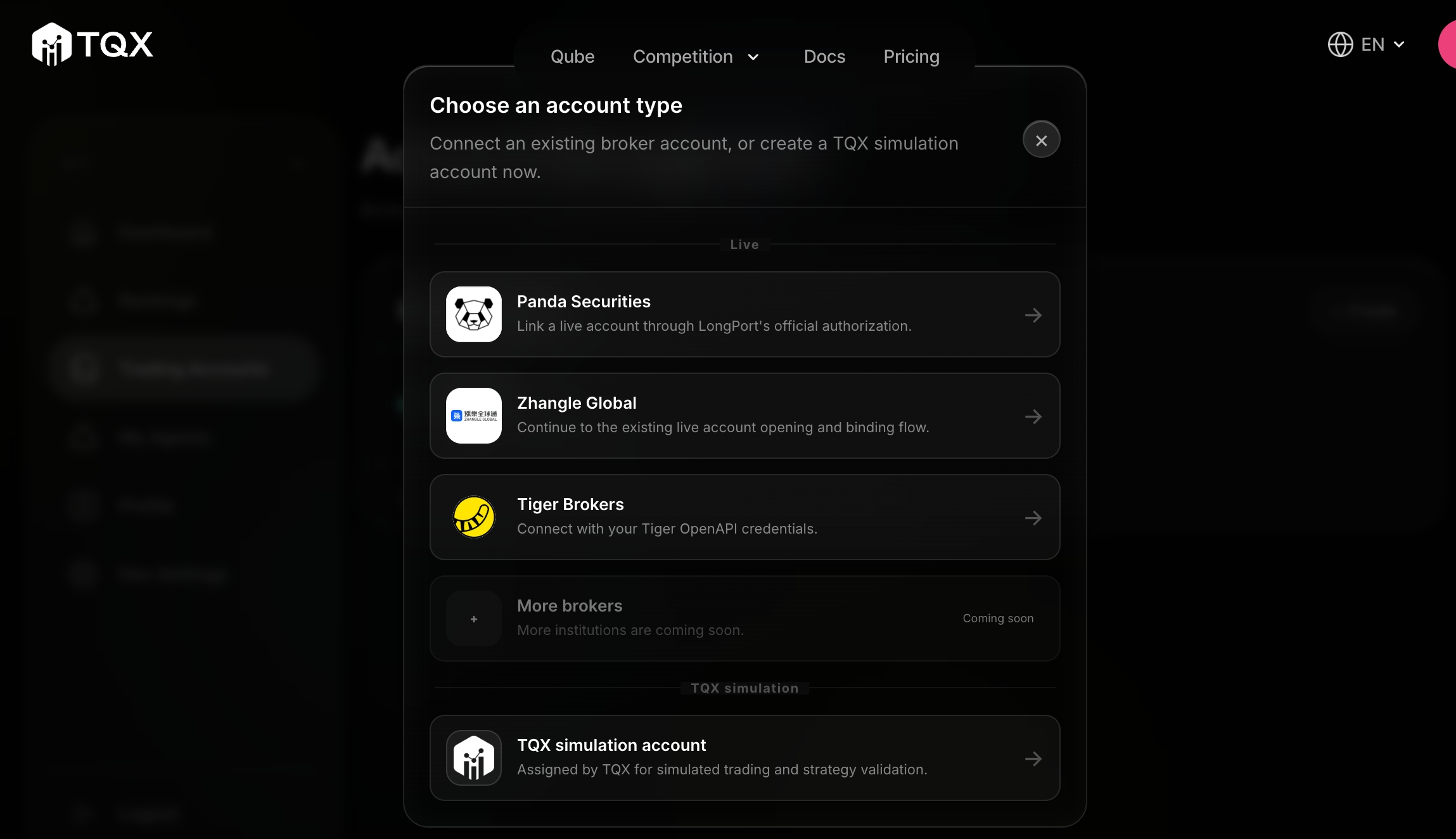 TQX brokerage account linking screen