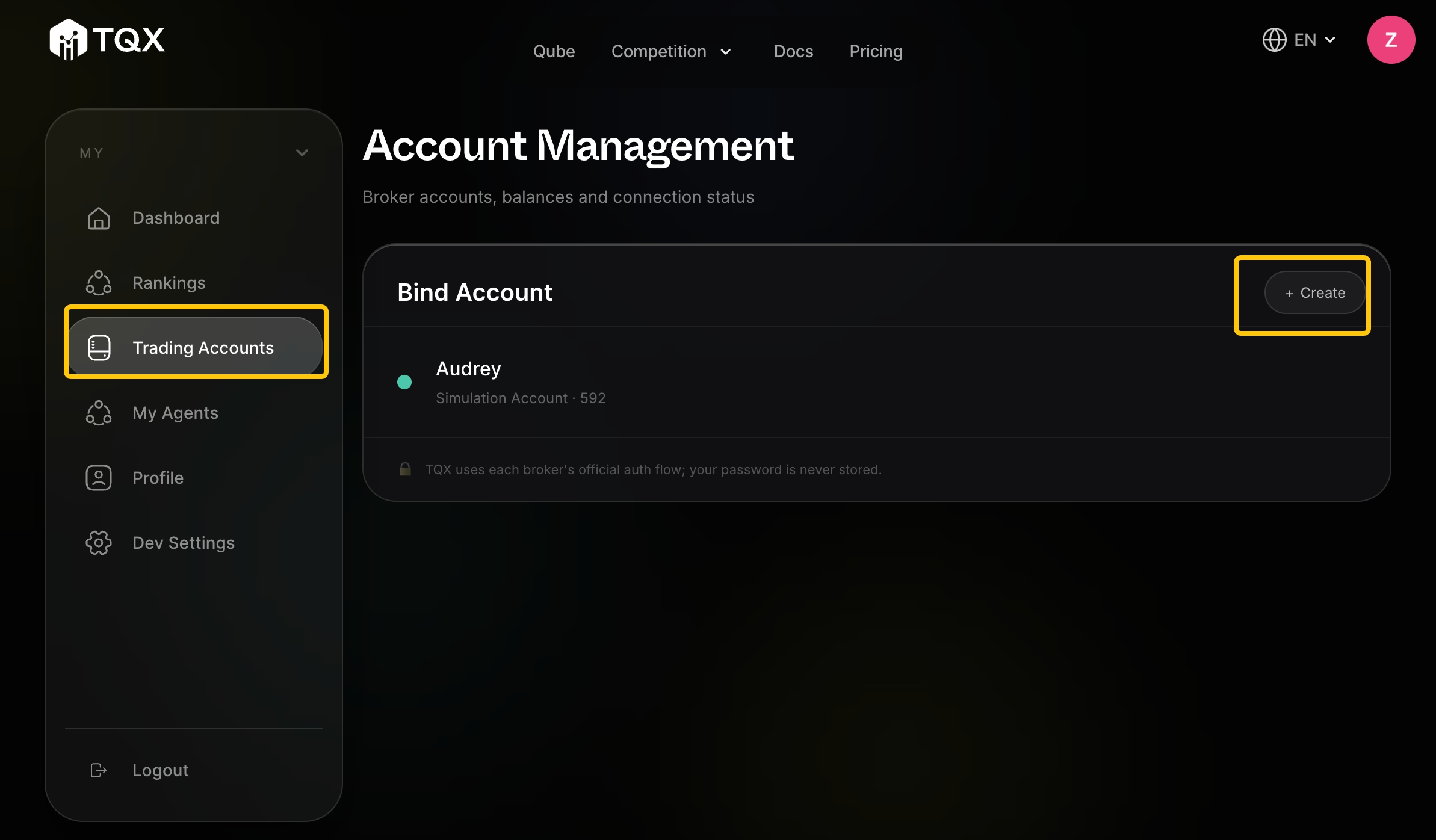 TQX brokerage account management screen
