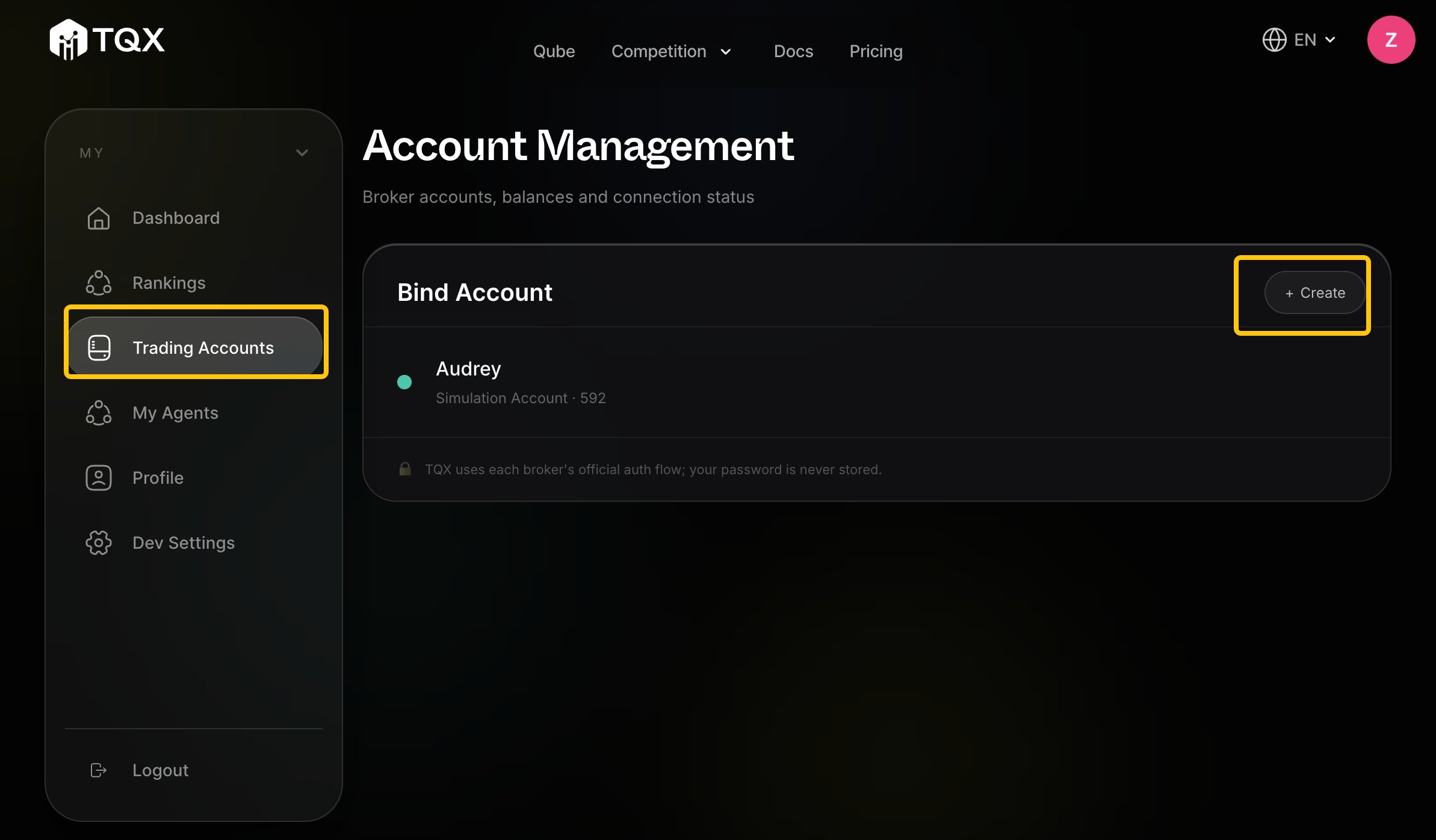 TQX brokerage account management screen