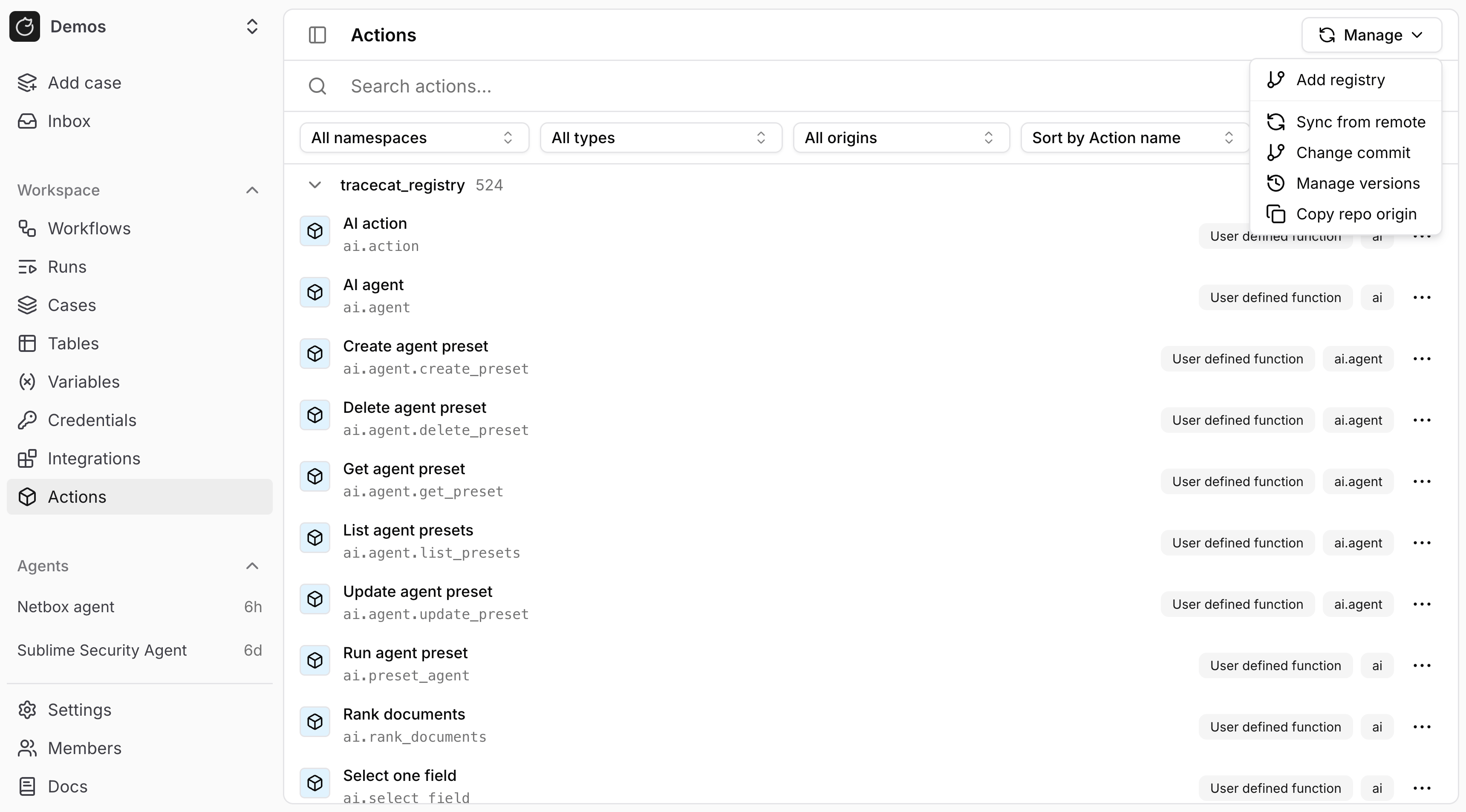 Actions page